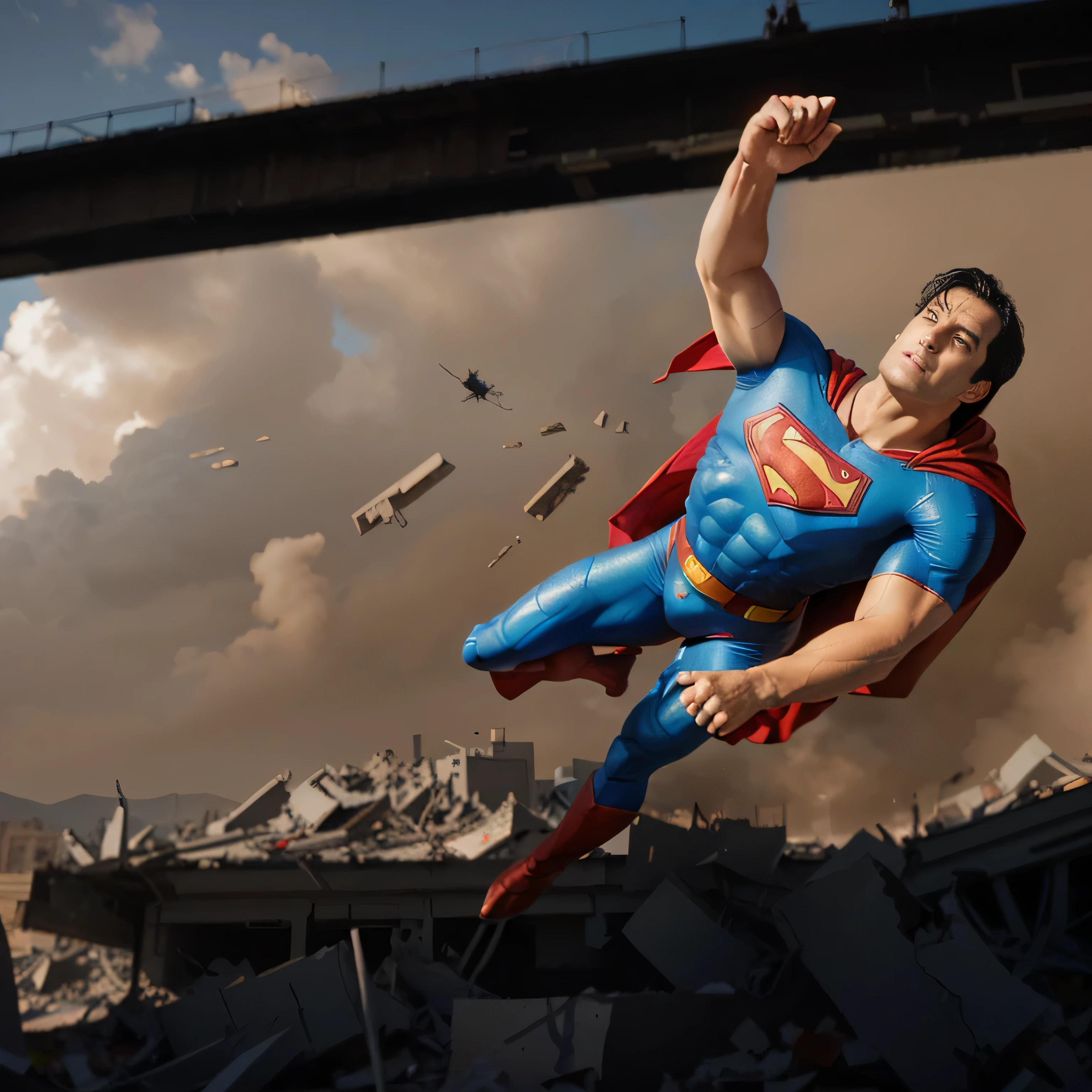 
Superman flying and a destroyed scenery behind.