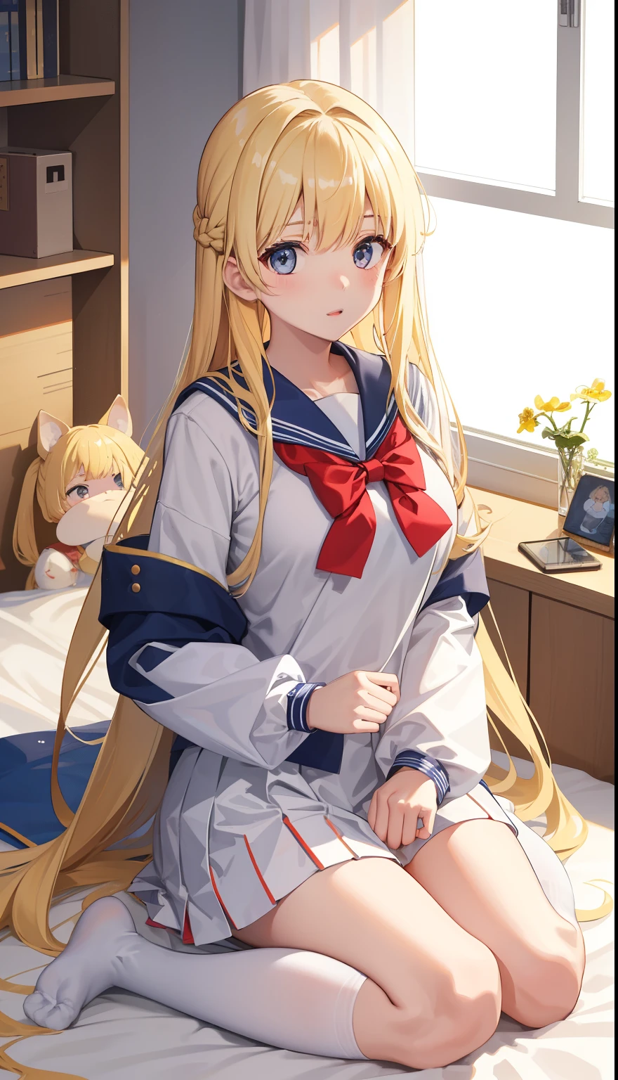 One girl、uniform、Sailor suit、Long Hair、Blonde、Blonde Hair、Straight Hair、Embarrassed、Inside the room、Lying in bed、Big Breasts、Long sleeve