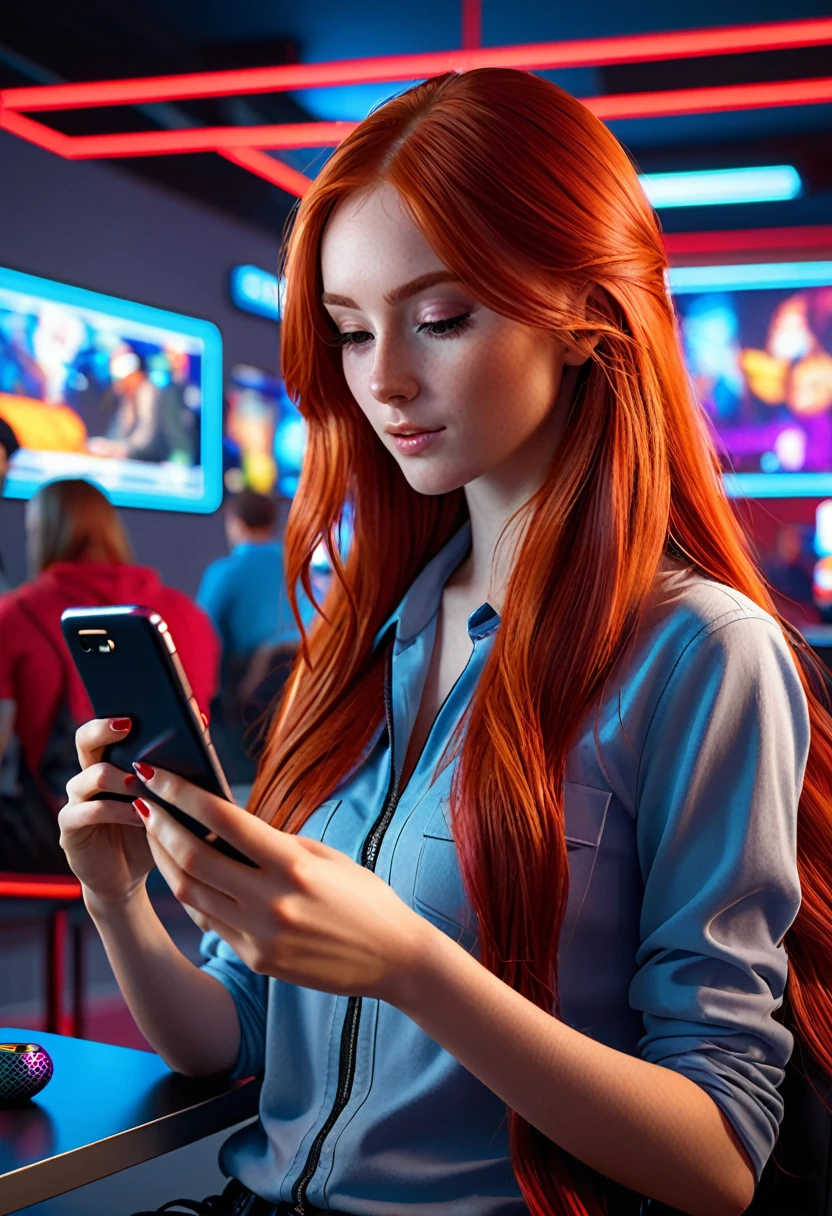 a beautiful gamer girl with long red hair, detailed face, (best quality,4k,8k,highres,masterpiece:1.2),ultra-detailed,(realistic,photorealistic,photo-realistic:1.37),slender figure, reading news on her smartphone, dramatic lighting, cinematic composition, vibrant colors, intricate details