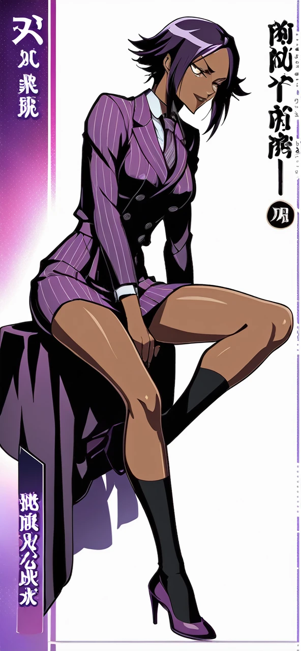 Full body Yoruichi as a thin Black business woman in a double breasted pinstripe purple skirt suit while wearing a tie with a very long purple pinstripe skirt that covers the legs and with long black knee socks full art and make her sit down also give her thin legs and purple heels