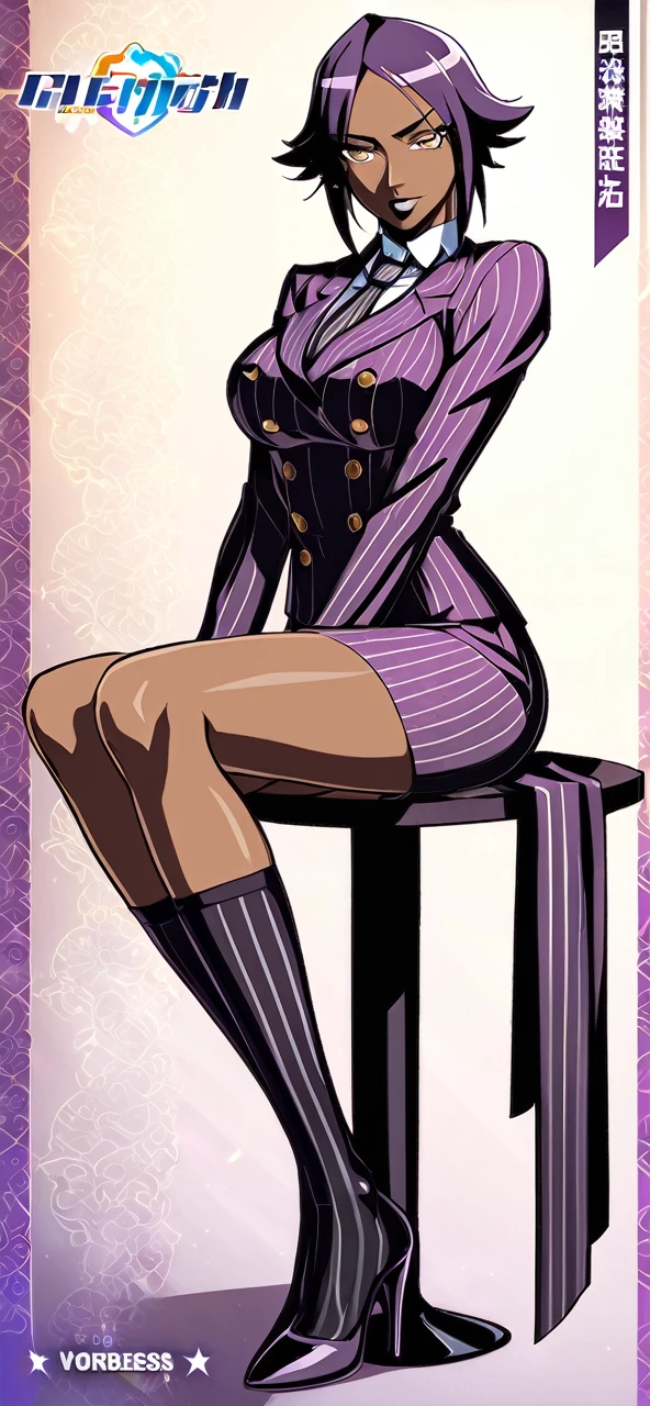  Full body Yoruichi as a thin Black business woman in a double breasted pinstripe purple  skirt suit while wearing a tie with a very long purple pinstripe skirt that covers the legs and with long black knee socks full art and make her sit down also give her thin legs and purple heels