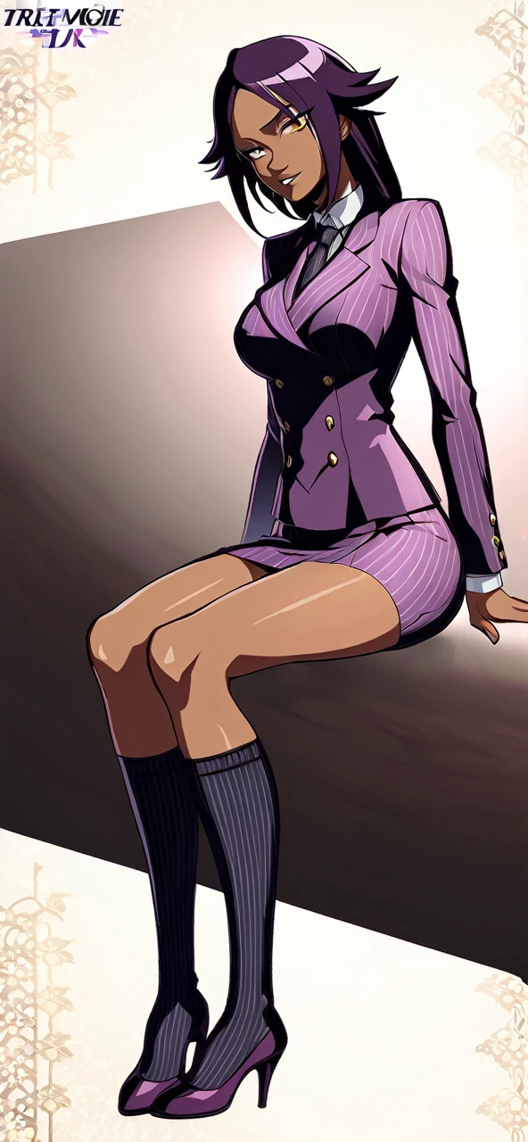  Full body Yoruichi as a thin Black business woman in a double breasted pinstripe purple  skirt suit while wearing a tie with a very long purple pinstripe skirt that covers the legs and with long black knee socks full art and make her sit down also give her thin legs and purple heels