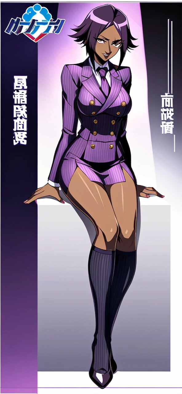 Full body Yoruichi as a thin Black business woman in a double breasted pinstripe purple skirt suit while wearing a tie with a very long purple pinstripe skirt that covers the legs and with long black knee socks full art and make her sit down also give her thin legs and purple heels
