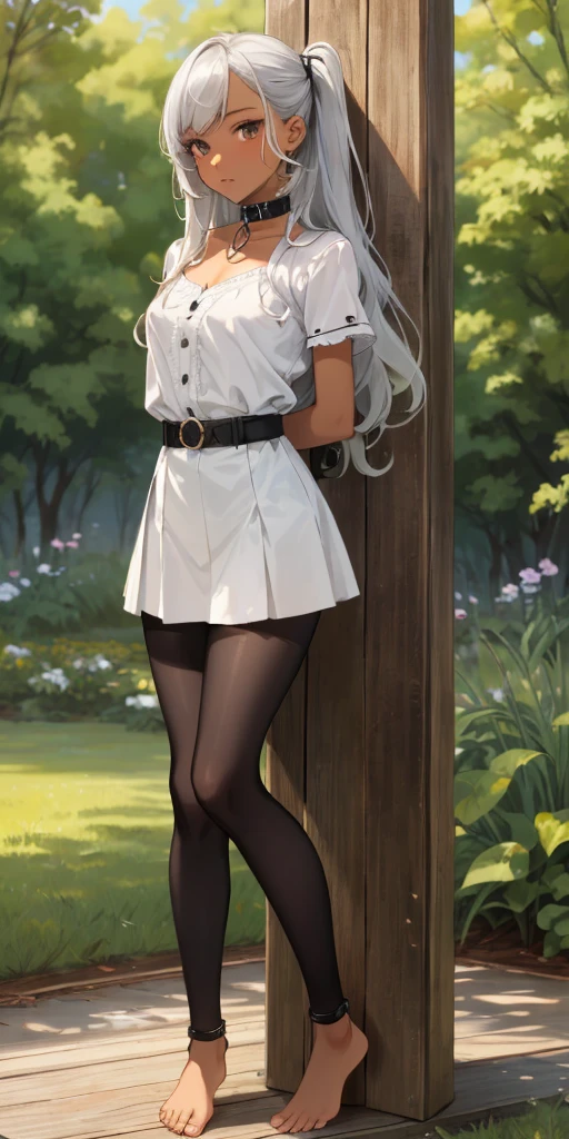 (Masterpiece, best quality, intricate details, 1sologirl) iron collar, arms behind back, iron cuffs, shackles, bound ((standing by wooden pole:1.2)) ((Kei Kishimoto Black Dark skin Gyaru)) show entire body frontal position, feet in view, realistic, gorgeous 16y.o. darkest skinned mixed race female, black African, transparent black pantyhose, legs open, museum, no shoes, looking to viewer straight symmetrical, white silver long hair