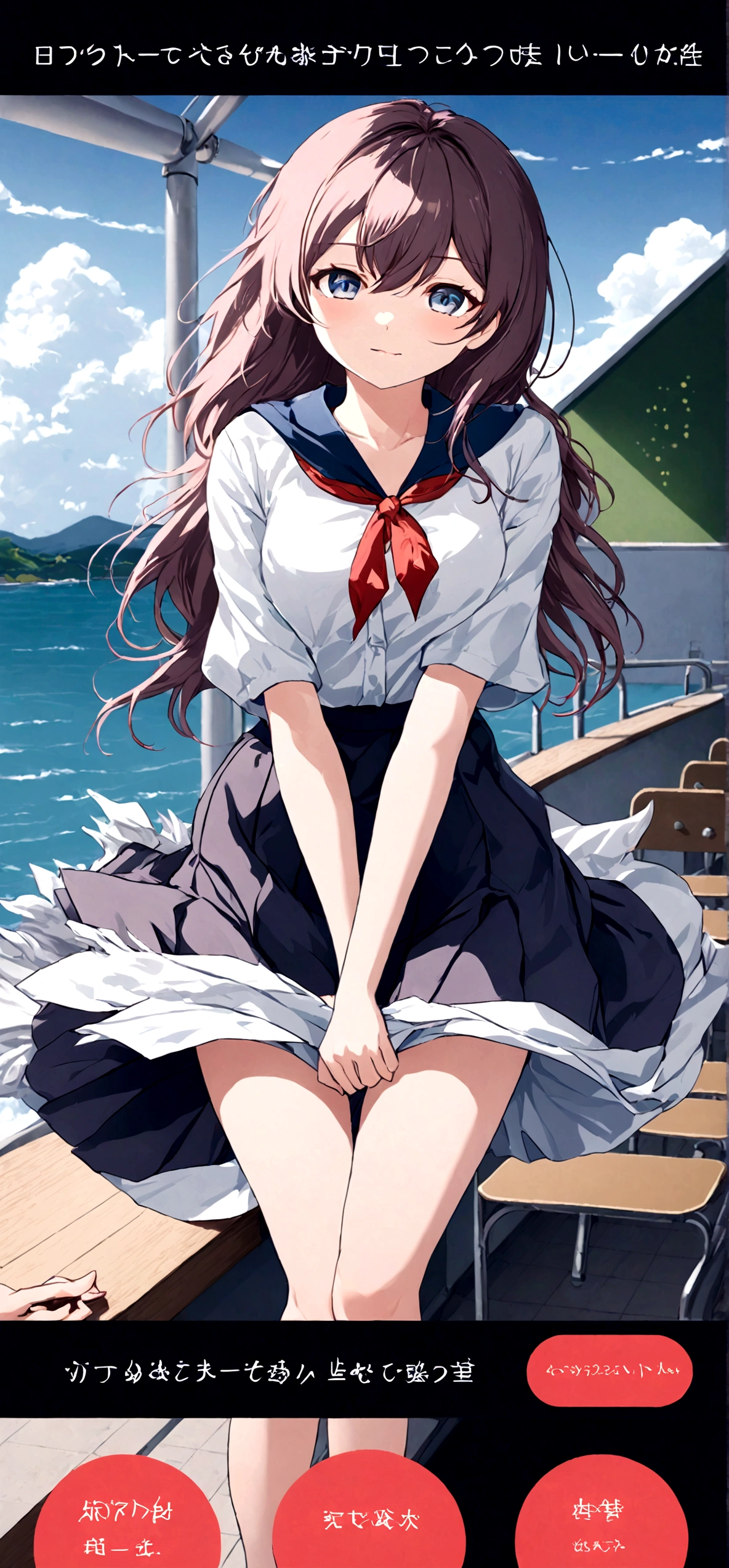 Navy blue skirt. She is holding her skirt up in the strong wind. Her white cotton panties are visible.