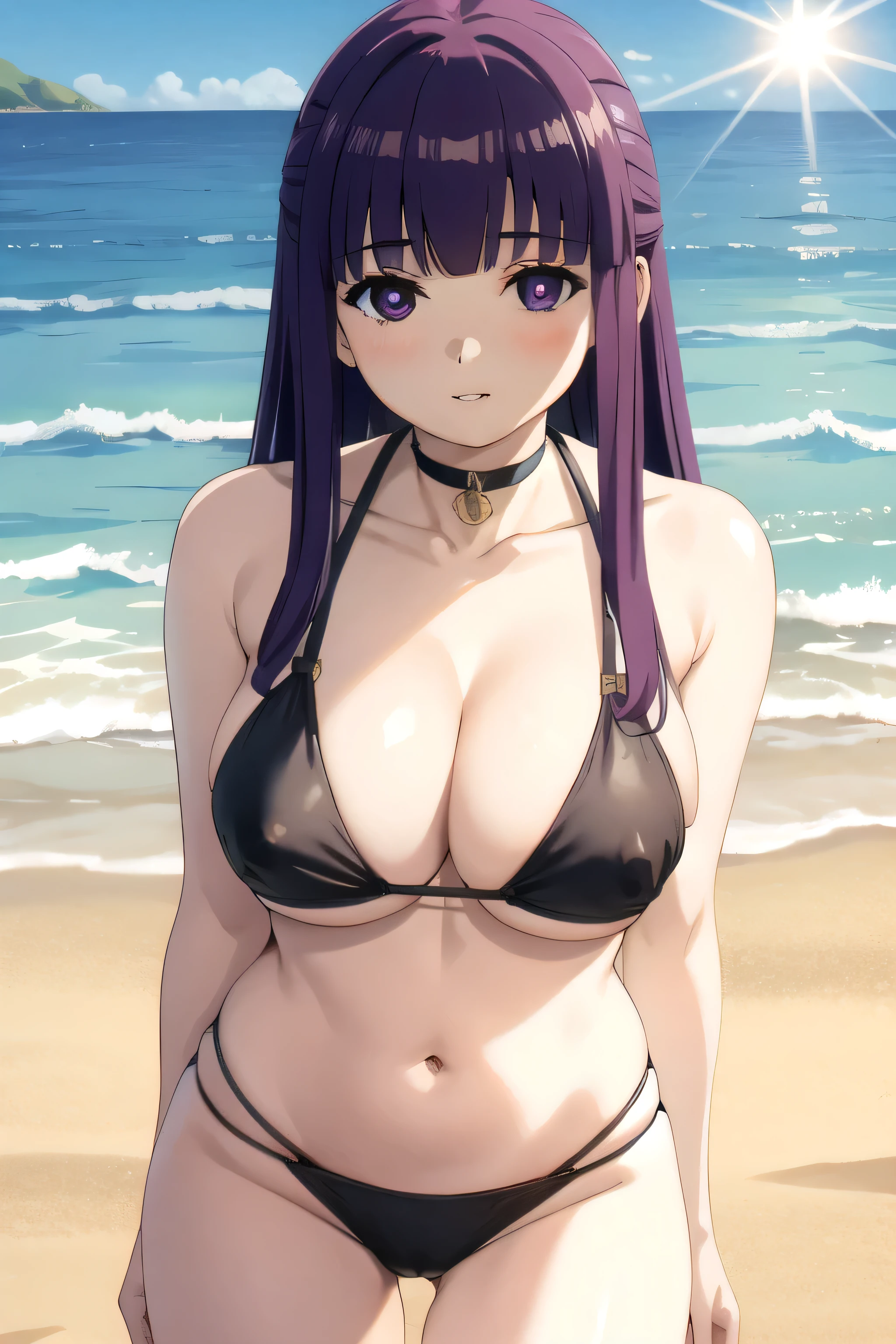 portrait, solo focus, solo,
frieren_fern, 1girl, purple eyes, solo, long hair, purple hair, bangs, anime coloring, blunt bangs, parted lips, cleavage, purple_bikini, ocean, waves, sand, water, sun, lens_flare, hq, hd, high quality, masterpiece, 4K, 8K, hard nipples, wet top, small bikini, underboob, side boob, nipples, see through bikini, cameltoe, large breasts, huge breasts, big breasts, massive breasts, pussy lips, collarbone, neck showing, flirty, seductive, blushed smile, parted lips, head in frame, full frame, island background, ocean background, sunny, bright sky, outdoors, ocean waves, clear water,