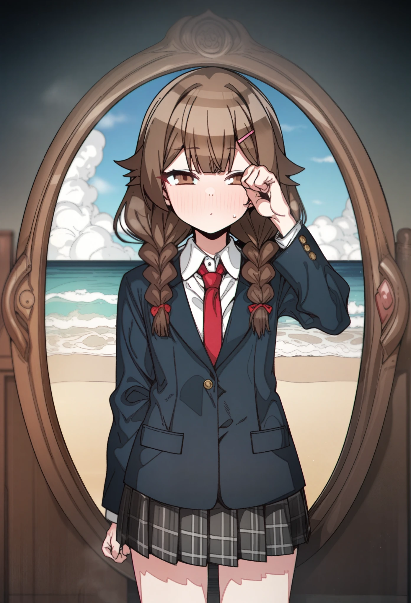 hoshino_(blue_archive) with brown hair and brown eyes, Artist, erere, Copyrights, idolmaster, idolmaster_shiny_colors, Character, General, 1girl, brown_hair, blunt_bangs, blush, medium_breasts, breasts, detailed eyelashes, beatiful girl:1, brown_eyes, censored, school_uniform, pleated skirt, blazer, hair_clip, twin_braids, rubbing_eyes, sleepy, red tie, (full_body) (standing in middle, beach), sky:0.7, half-closed_eyes, detailed, sand, outdoors, looking_at_viewer, masterpiece, best_quality, great_quality, girl, solo, center_composition, centered character, cute