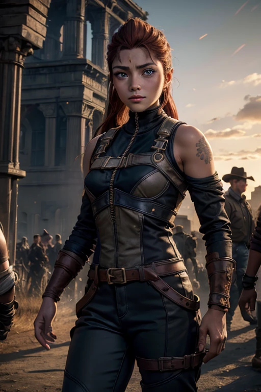 iliaamitola, ilia amitola, smiling, long hair, blue eyes, brown hair, ponytail, dark skin, dark-skinned female, BREAK bare shoulders, bodysuit, BREAK outside ancient castle, iron gates, huge wall, bonfires, crowd, (crowd in military dress), post-apocalypse, dystopian future, crowd, (crowd in military uniforms), (volumetric lighting), best quality, masterpiece, intricate details, tonemapping, sharp focus, hyper detailed, BREAK looking at viewer, (cowboy shot:1.5), BREAK (masterpiece:1.2), best quality, high resolution, unity 8k wallpaper, (illustration:0.8), (beautiful detailed eyes:1.6), extremely detailed face, perfect lighting, extremely detailed CG, (perfect hands, perfect anatomy),