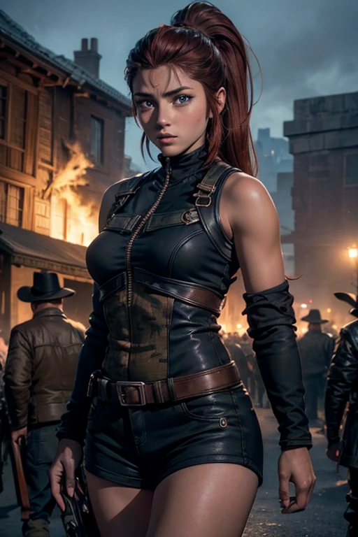 
iliaamitola, ilia amitola, smiling, long hair, blue eyes, brown hair, ponytail, dark skin, dark-skinned female, BREAK bare shoulders, bodysuit, BREAK outside ancient castle, iron gates, huge wall, bonfires, crowd, (crowd in military dress), post-apocalypse, dystopian future, crowd, (crowd in military uniforms), (volumetric lighting), best quality, masterpiece, intricate details, tonemapping, sharp focus, hyper detailed, BREAK looking at viewer, (cowboy shot:1.5), BREAK (masterpiece:1.2), best quality, high resolution, unity 8k wallpaper, (illustration:0.8), (beautiful detailed eyes:1.6), extremely detailed face, perfect lighting, extremely detailed CG, (perfect hands, perfect anatomy), 
