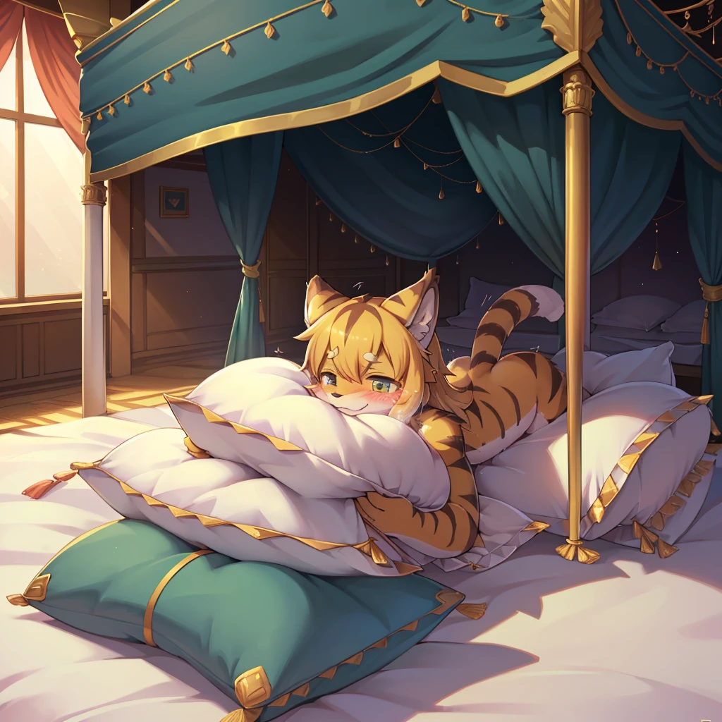 (masterpiece,best quality),my own, The Beast, , (适合任何Pillow背景的光影)), 穿着pajamas可爱女孩在Pillow上摆姿势 ,pajamas,Nature,, (blush),a smile,Pillow头,(很多Pillow),Soft cushion,(canopy bed),Soft pillow quotation,(Pillow损坏),很多Pillow,(Crotch rubbing),((Pillow驼峰)),(Pillow),(A tail),,(粉色Pillow),(Love around the protagonist),Steam,(Pillow头),(),(豪华Pillow),(Pillow),(palace),(Palace bedroom),(Pillow),柔软的Pillow,,(Classical European style bedroom ),(excited,shy person,Lack of expressiveness,),,pillow humping,mia,tiger tail,tiger ears,Tiger pattern,,Sweat,,Sweaty,Body swing,身体Shaking lines,Shaking lines,best quality, masterpiece, ((Maximum resolution)), artwork, ,,,(Interior of the palace),(In the bedroom at night),(Deluxe Rococo Canopy King Bed),On a big and spacious bed,(the 女孩 is lying on the bed),Before bedtime,,,Luxurious curtains with ornate ruffles and ribbons surround the bed,((((There are many pillows piled on the bed)))),Detail of Quilt,Detailed bed sheets,Ruffled Bed Skirt,Deep Bed,Background with depth,pajamas , ((((大量的Pillow)))),peeing,squatting,water,urine,Shaking lines,wetting pillows,Flowing liquid,Violent body shaking,剧烈Shaking lines,