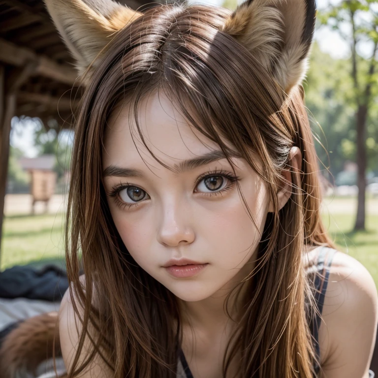 Fox Girl, Fox&#39;s Tail, Nine-Tailed Fox,Fox Ears, Black colored hair, Fox Makeup,One Girl、 Kimono with open chest, Body size is 100-70-90!、Nice body, Avatar, face, Open chest, lewd face, Dominant representation, naughty face,Big Breasts,Emphasize cleavage,Show bare skin、Skin is visible、With legs apart、Show off your thighs、With legs apart、A beautifully patterned kimono、I can see her cleavage、Muscular、Uplifting、Abdominal muscles、Exposed skin、Long Hair、Skin Texture、Soft breasts 、outside、Grassy field