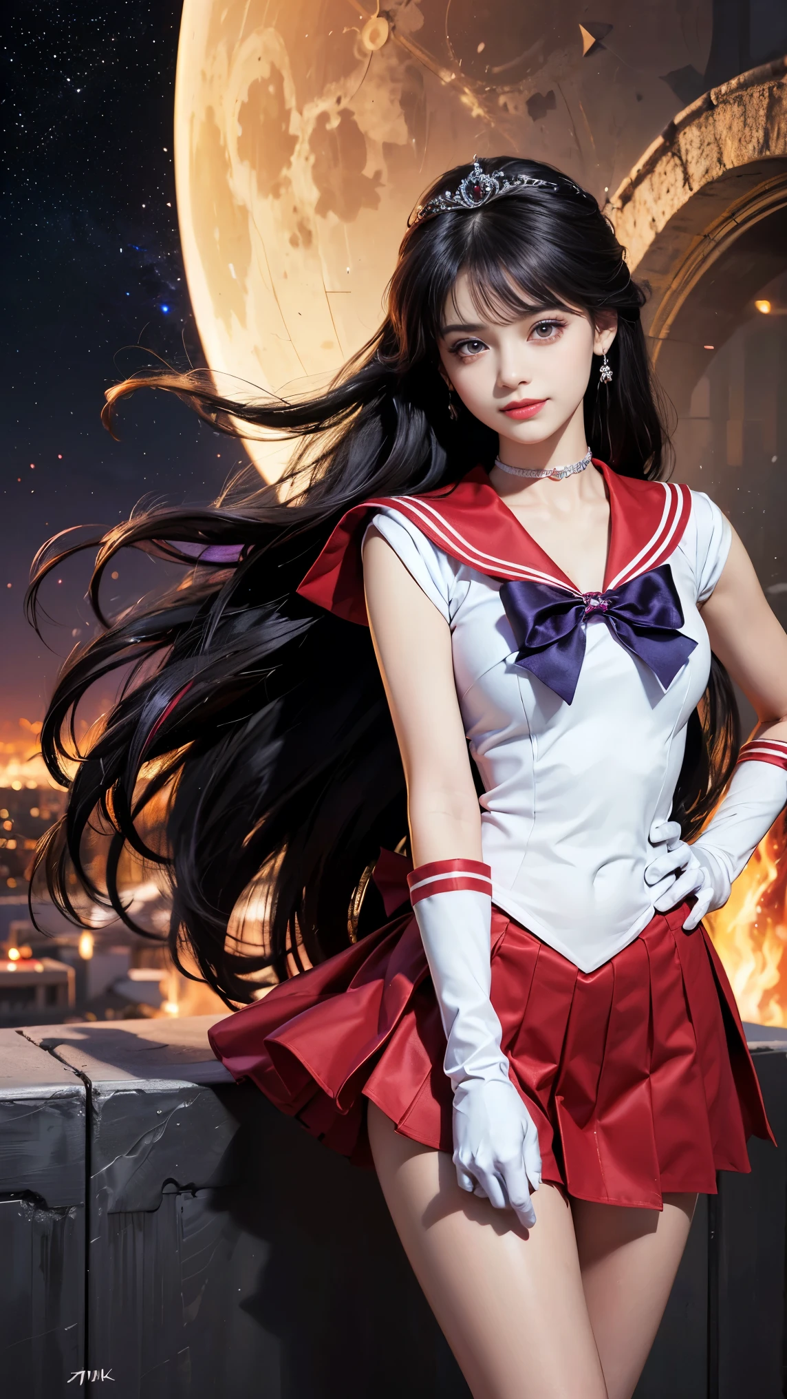 1 girl,long hair, (high quality,8K,black hair, realistic, purple hair!!!!!, 最high quality, purple hair, purple dyed hair, lumasterpiece,Super detailed, disorganized)1.5,((Summer 1, tiara, Sailor Senshi Uniform, white gloves, Red sailor collar, red skirt)),City of night,white gloves,purple ribbon,purple eye,masterpiece,best quality,highres,sama1,tiara,sailor senshi uniform,white gloves,red sailor collar,red skirt,star choker,elbow gloves,pleated skirt,bare legs,purple bow,space,moon,cowboy shot,smile,flame bow,