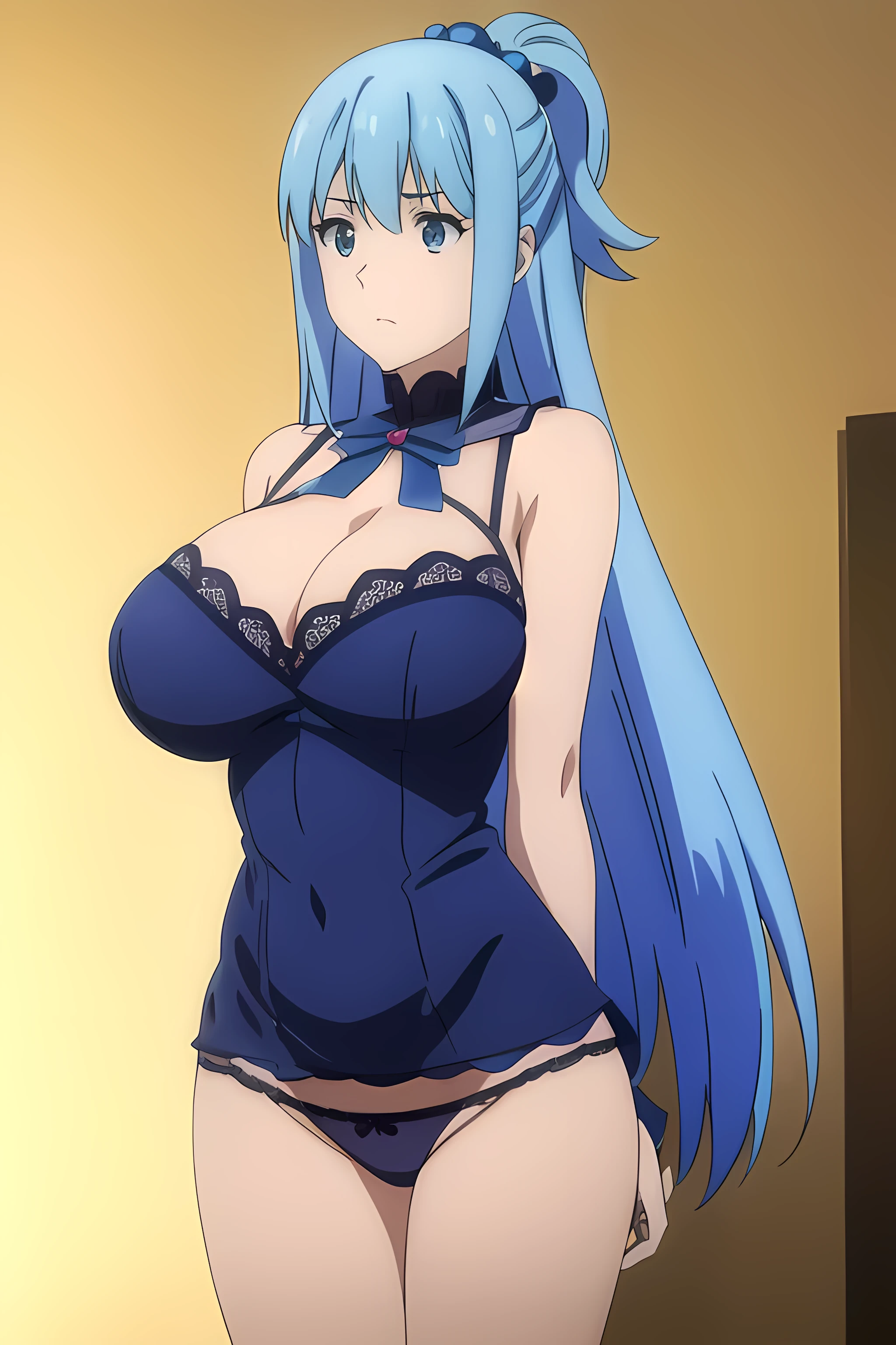 (extremely detailed CG unity 8k wallpaper), (masterpiece), (best quality), (ultra-detailed), (best illustration), (best shadow), (absurdres), 1girl, solo, pefrect face, perfect eyes, large breasts, shining breasts, standing, sfw, safe, close the camera, light blue lace bra, light blue lace panties, standing, vivid colors, cleavage, vivid, 1girl, aqua, long hair, blue eyes, hair ornament, very long hair, blue hair, hair rings, single hair ring, hair bobbles,, huge breasts, huge breast, no dress