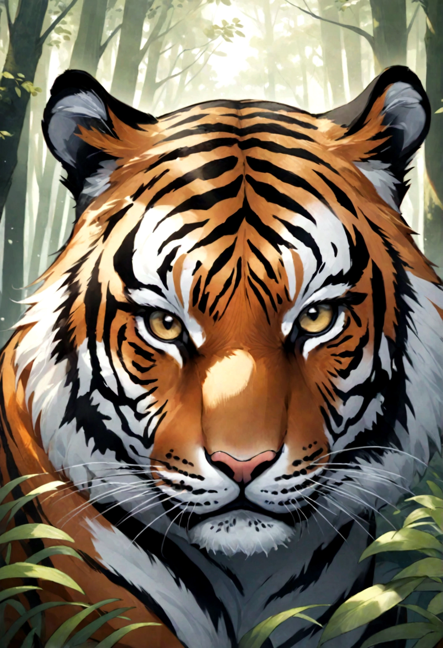 A detailed portrait of a tiger in a forest