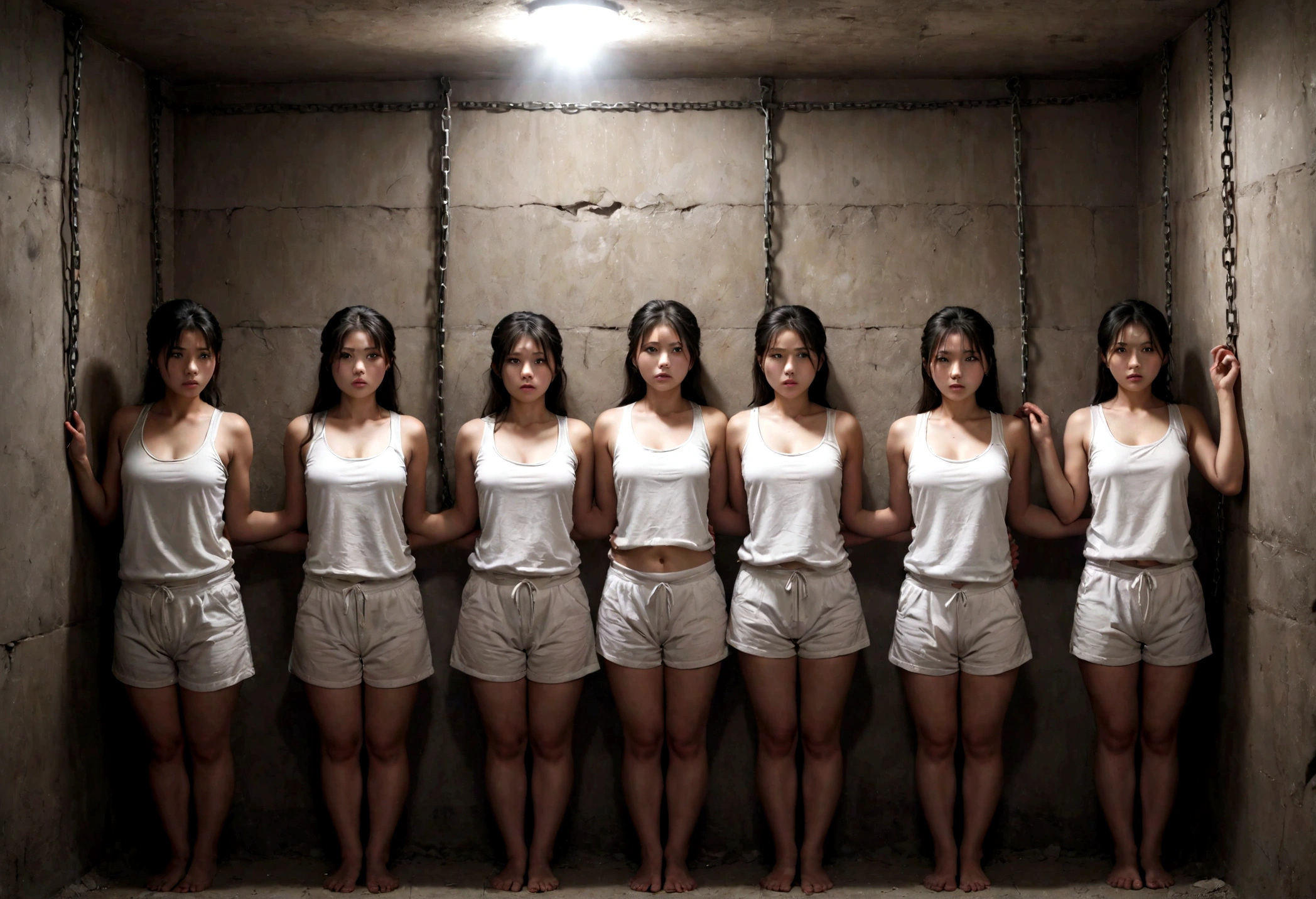 ((best quality)), ((masterpiece)), (detailed), 5girl, five North Korean female prisoners lined up against a wall dressed in white tanktop, (broken_clothes:1.2), hands above their heads tied up against wall revealing body curves, chains over body, plump body, underground prison atmosphere,