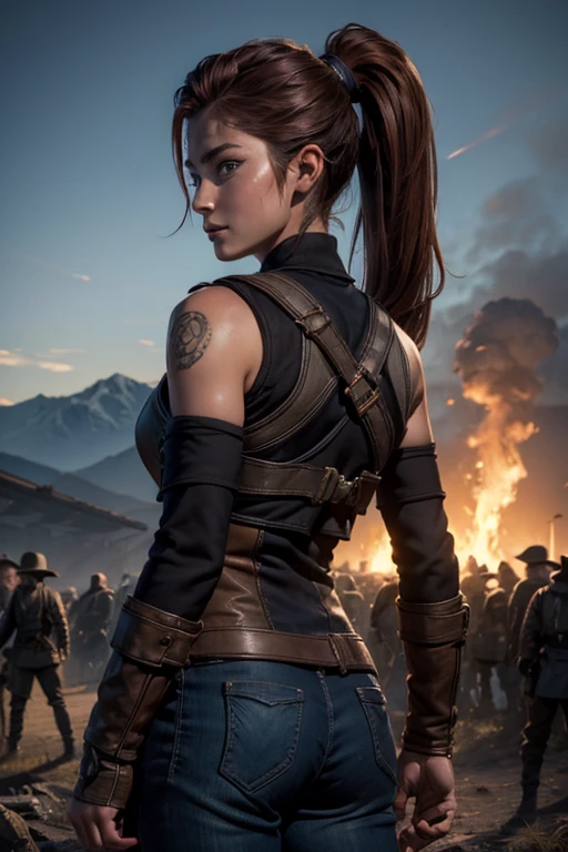 
iliaamitola, ilia amitola, smiling, long hair, blue eyes, brown hair, ponytail, dark skin, dark-skinned female, BREAK bare shoulders, bodysuit, BREAK outside ancient castle, iron gates, huge wall, bonfires, crowd, (crowd in military dress), post-apocalypse, dystopian future, crowd, (crowd in military uniforms), (volumetric lighting), best quality, masterpiece, intricate details, tonemapping, sharp focus, hyper detailed, BREAK looking at viewer, (cowboy shot:1.5), BREAK (masterpiece:1.2), best quality, high resolution, unity 8k wallpaper, (illustration:0.8), (beautiful detailed eyes:1.6), extremely detailed face, perfect lighting, extremely detailed CG, (perfect hands, perfect anatomy), 
