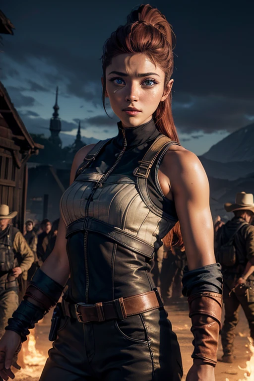 iliaamitola, ilia amitola, smiling, long hair, blue eyes, brown hair, ponytail, dark skin, dark-skinned female, BREAK bare shoulders, bodysuit, BREAK outside ancient castle, iron gates, huge wall, bonfires, crowd, (crowd in military dress), post-apocalypse, dystopian future, crowd, (crowd in military uniforms), (volumetric lighting), best quality, masterpiece, intricate details, tonemapping, sharp focus, hyper detailed, BREAK looking at viewer, (cowboy shot:1.5), BREAK (masterpiece:1.2), best quality, high resolution, unity 8k wallpaper, (illustration:0.8), (beautiful detailed eyes:1.6), extremely detailed face, perfect lighting, extremely detailed CG, (perfect hands, perfect anatomy),