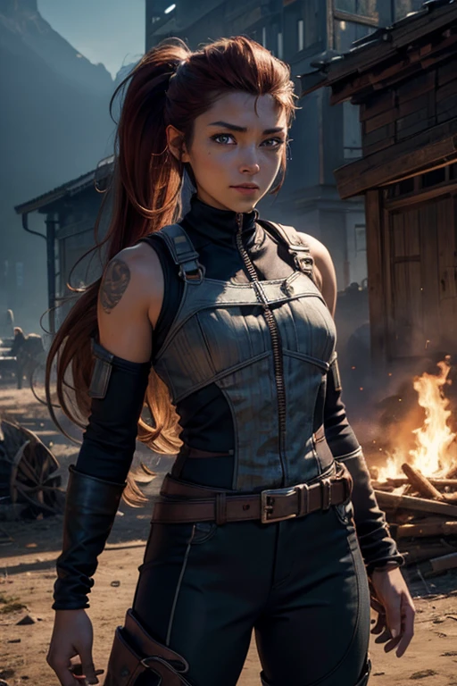 iliaamitola, ilia amitola, smiling, long hair, blue eyes, brown hair, ponytail, dark skin, dark-skinned female, BREAK bare shoulders, bodysuit, BREAK outside ancient castle, iron gates, huge wall, bonfires, crowd, (crowd in military dress), post-apocalypse, dystopian future, crowd, (crowd in military uniforms), (volumetric lighting), best quality, masterpiece, intricate details, tonemapping, sharp focus, hyper detailed, BREAK looking at viewer, (cowboy shot:1.5), BREAK (masterpiece:1.2), best quality, high resolution, unity 8k wallpaper, (illustration:0.8), (beautiful detailed eyes:1.6), extremely detailed face, perfect lighting, extremely detailed CG, (perfect hands, perfect anatomy),
