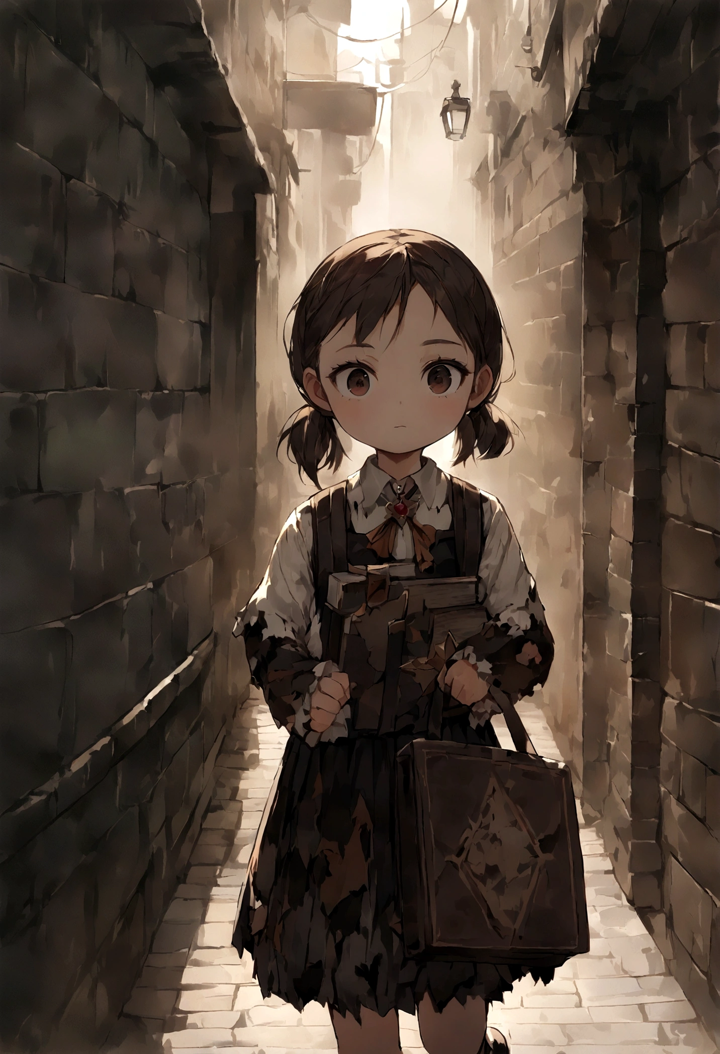 (dark feeling)，((Upper body))，Cute young girl，Age: 8 years，((((Two Ponytail Hairstyles))))，wearing((Tattered uniform))，Book Bag，((Walking down a dark alley))