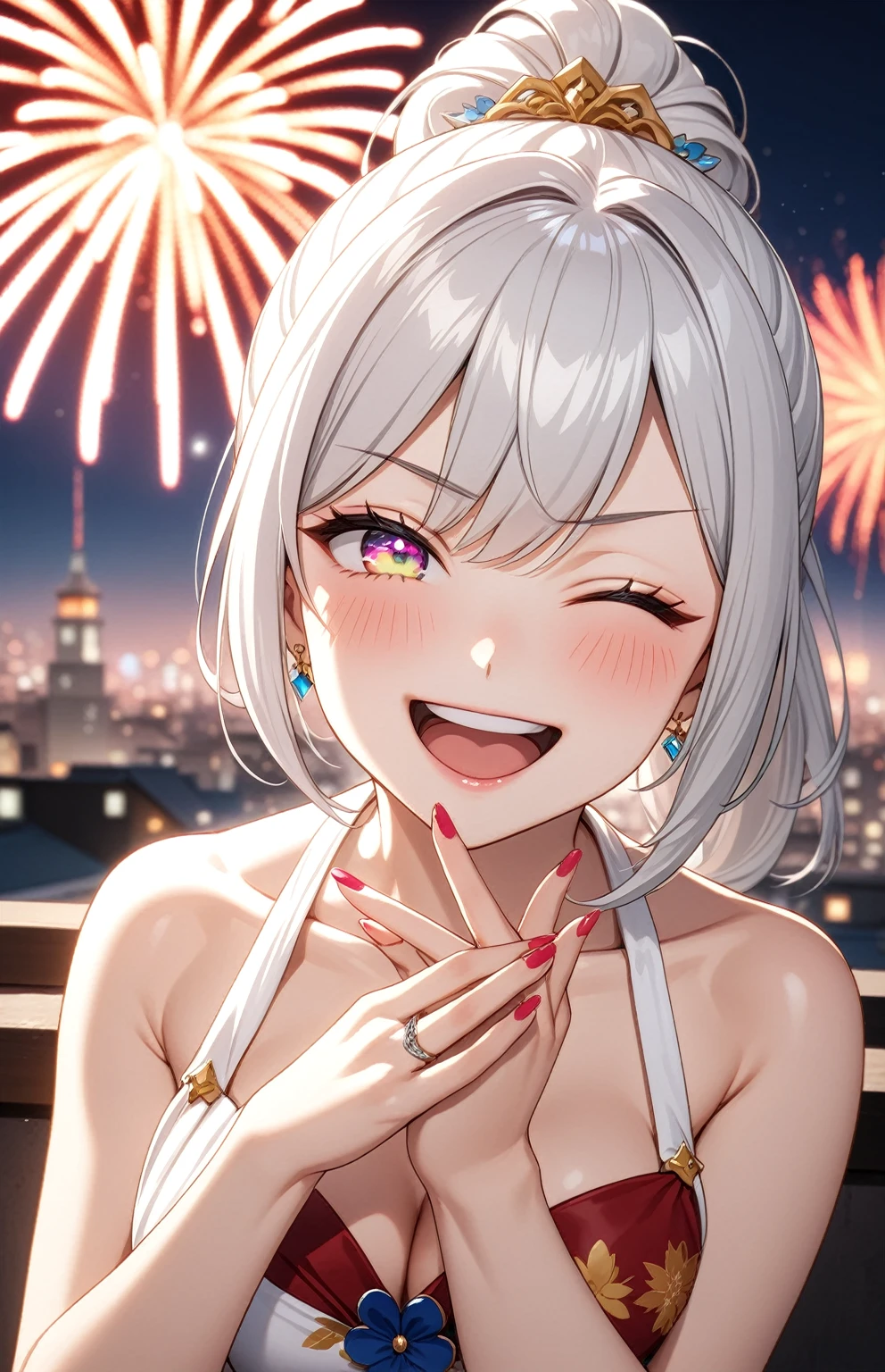 ((one personの女性)), Beautiful Face,Laughing embarrassedly,Laughing with your mouth open,((Wink:2.0)),(Bright red cheeks),Glossy pink lips,night,rooftop,firework,((Anime style background)),masterpiece, highest quality, so beautiful, Latest, Complex details, (Pink long nails),(ring),AI-generated, Complex,High resolution, highest quality, super high quality,3D Images、View your viewers、3D Images,one person,Long white hair,High Ponytail,blue eyes,Anime woman posing for a photo, ((Fine grain、Platinum colorful eyes、Shining Eyes:1.4)),(Squint your eyes:1.1),a hyperRealistic , hyperRealistic , Realistic,Anime woman with long and white hair, Smooth anime CG art, A woman in a colorful kimono with gold embroidery, (White kimono),Red floral pattern,Long flower hair ornament,Big earrings,Mature Body,(Big Breasts:1.2),Tall,Big Ass,Fine details,Narrow waist,Abdominal muscles,(Face close-up:1.2),(A woman clasping their hands in front of their mouth with a delighted expression),