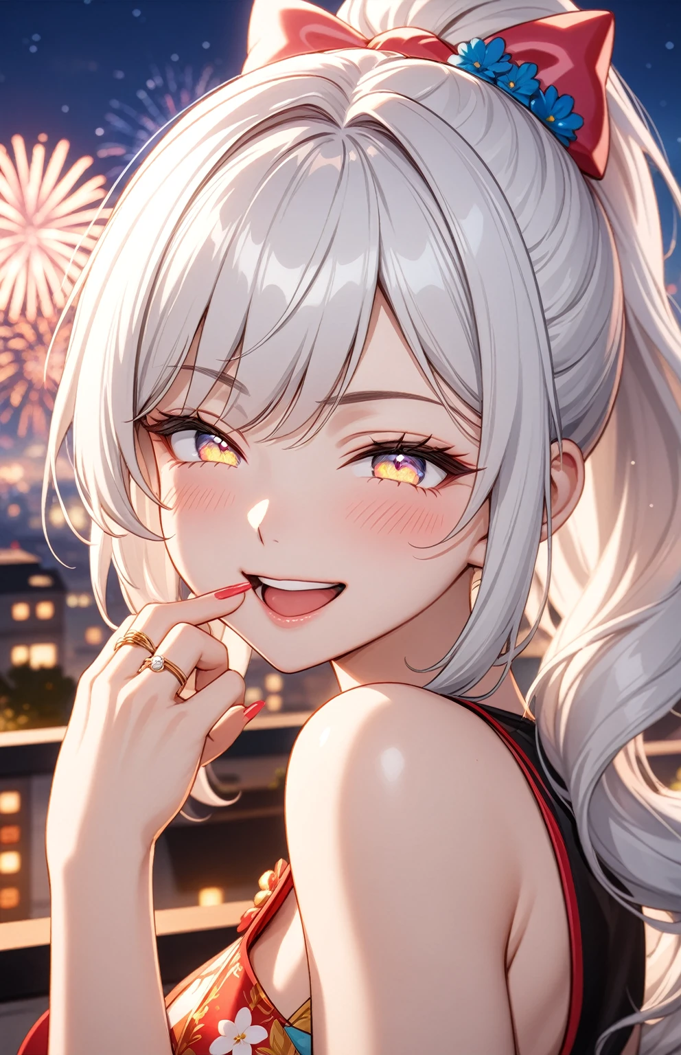 ((one personの女性)), Beautiful Face,Laughing embarrassedly,Laughing with your mouth open,((Wink:2.0)),(Bright red cheeks),Glossy pink lips,night,rooftop,firework,((Anime style background)),masterpiece, highest quality, so beautiful, Latest, Complex details, (Pink long nails),(ring),AI-generated, Complex,High resolution, highest quality, super high quality,3D Images、View your viewers、3D Images,one person,Long white hair,High Ponytail,blue eyes,Anime woman posing for a photo, ((Fine grain、Platinum colorful eyes、Shining Eyes:1.4)),(Squint your eyes:1.1),a hyperRealistic , hyperRealistic , Realistic,Anime woman with long and white hair, Smooth anime CG art, A woman in a colorful kimono with gold embroidery, (White kimono),Red floral pattern,Long flower hair ornament,Big earrings,Mature Body,(Big Breasts:1.2),Tall,Big Ass,Fine details,Narrow waist,Abdominal muscles,(Face close-up:1.2),(A woman clasping their hands in front of their mouth with a delighted expression),