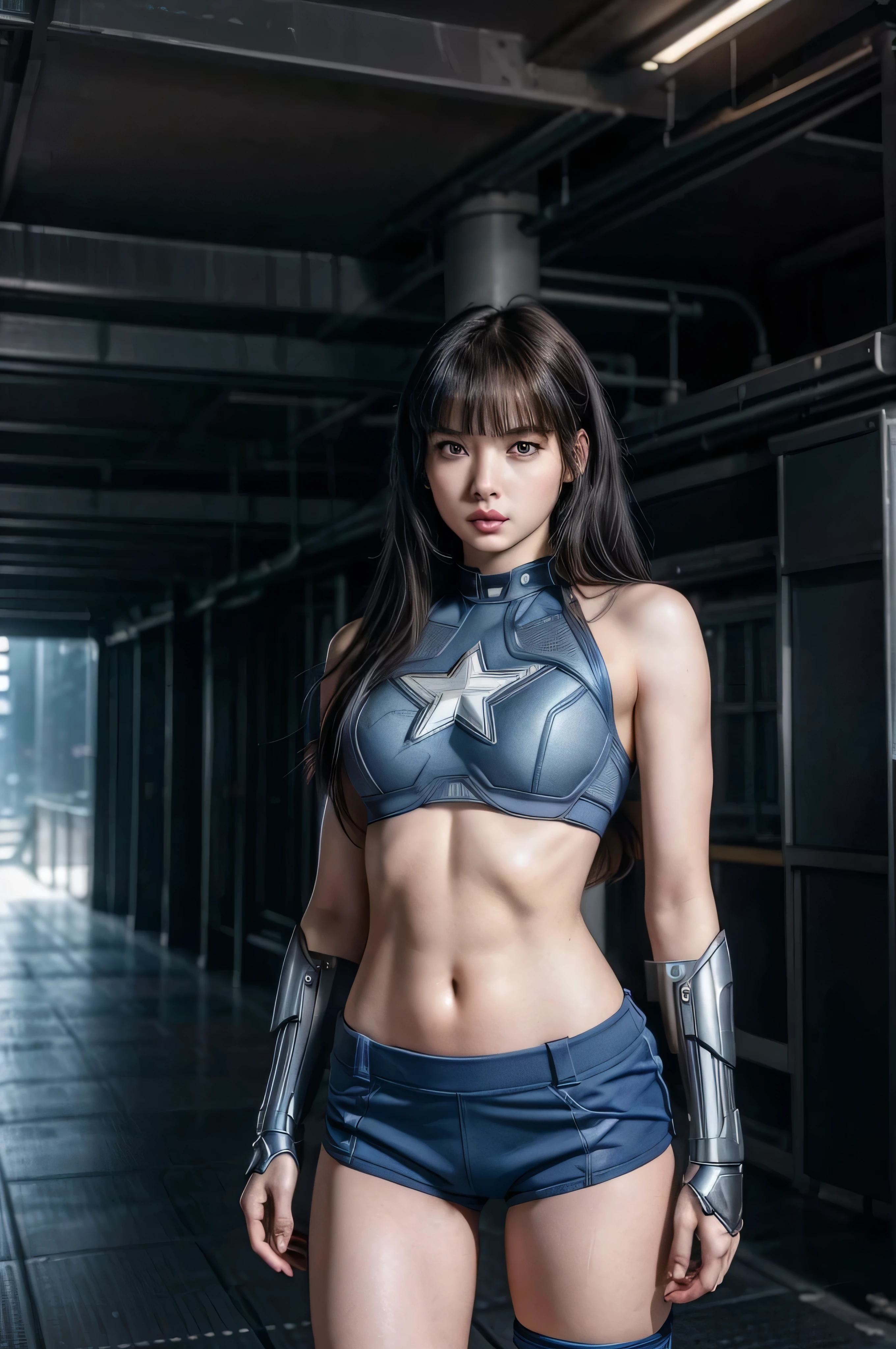 ((masterpiece, 8K, 3D, Realistic, Super Detail)), (1girl:1.3), slender age, Ultra Micro photography, Lisa Blackpink Super realistic, Perfect face, 16K resolution, 4k resolution, The photo was taken from the Front, facing to the photographer, Foreground photo, dynamic lighting, high-definition resolution, Beautiful features, ((Perfect female Model Slim body)) Beautiful features, Standing pose, ((small hip)), (((2 piece Captain America armor Hotpants-Bikini))), Sci-fi futuristic, ((Captain America armor)) ((bionic Fragmented Captain America chest armor suit)), ((Exposed slim thighs)), wear mesh metal-stockings, ((slim thighs)), ((bionic Slim thighs Steel armor)), Front Full body Shot, full body portrait, perfect legs, shoes, futuristic city background