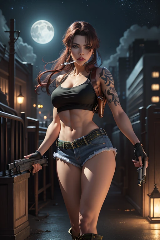 (highest quality、Ultra-high resolution、masterpiece、8K)、((Realistic、Ultra-realistic、Realistic)), anime「Black Lagoon」Levi, 1 girl 、Full Body Portrait、Very beautiful woman、Slender、Slim Waist、Sharp long legs、Dual pistols, gun at you ,Aiming at the audience, holding two gun, (realistic and detailed gun) 、Black Tank Top、Tattoo、Slim Abs、Denim shorts、Fingerless gloves、boots、((Smoking))、Cleavage、Sharp Eyes、Hated、Murderous expression、(Delicate face、Detailed eyes and face、double eyelid、Red lips)、Night view of an empty city、Starry Sky、Wind、moon、Professional Lighting