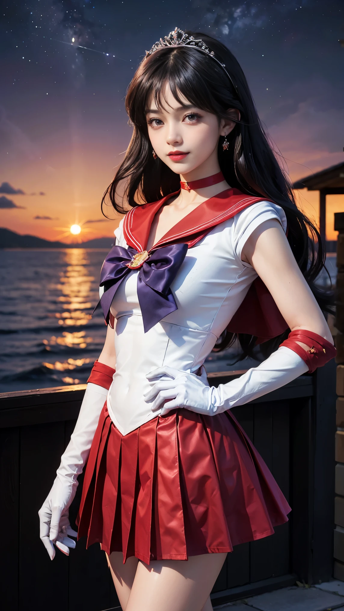 1 girl,long hair, (high quality,8K,black hair, realistic, purple hair!!!!!, 最high quality, purple hair, purple dyed hair, lumasterpiece,Super detailed, disorganized)1.5,((Summer 1, tiara, Sailor Senshi Uniform, white gloves, Red sailor collar, red skirt)),City of night,white gloves,purple ribbon,purple eye,masterpiece,best quality,highres,sama1,tiara,sailor senshi uniform,white gloves,red sailor collar,red skirt,star choker,elbow gloves,pleated skirt,bare legs,purple bow,space,moon,cowboy shot,smile,flame bow,