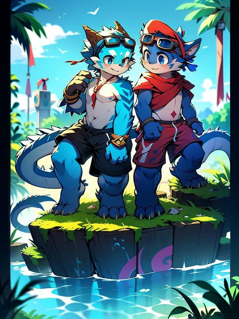 Chinese dragon boy，Gray fur，Topless, mammal, hairy，Aqua blue eyes，Blue and black gradient swimming trunks quality，black fingerless gloves，goggles，laboratory，barefoot，inventor，Dragon Horn，star tattoo