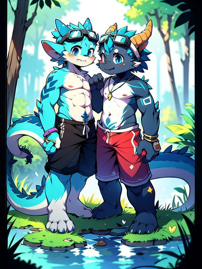 Chinese dragon boy,Gray fur,Topless, mammal, hairy,Aqua blue eyes,Blue and black gradient swimming trunks quality,black fingerless gloves,goggles,laboratory,barefoot,inventor,Dragon Horn,star tattoo