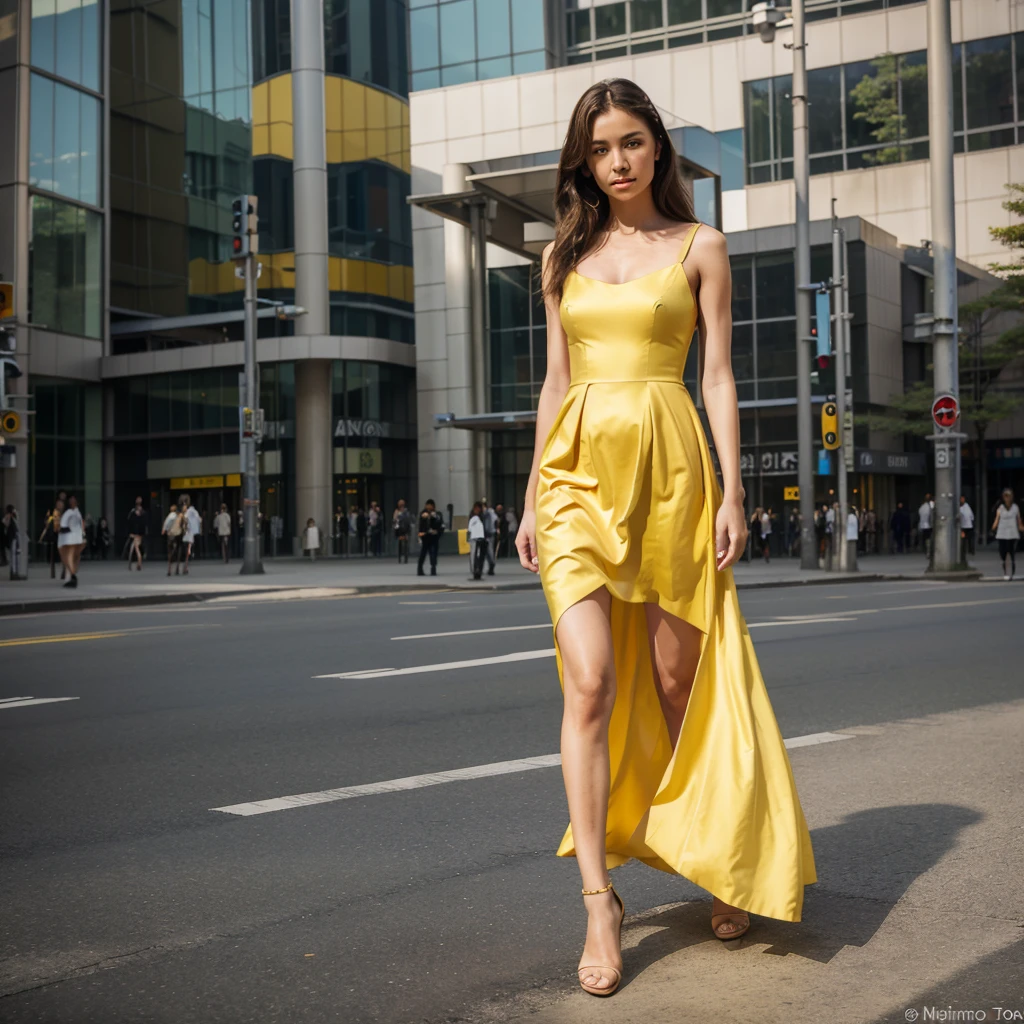 Female supermodel. Yellow evening dress. Standing. Roppongi Art Triangle (ATRO), Suntory Museum of Art.