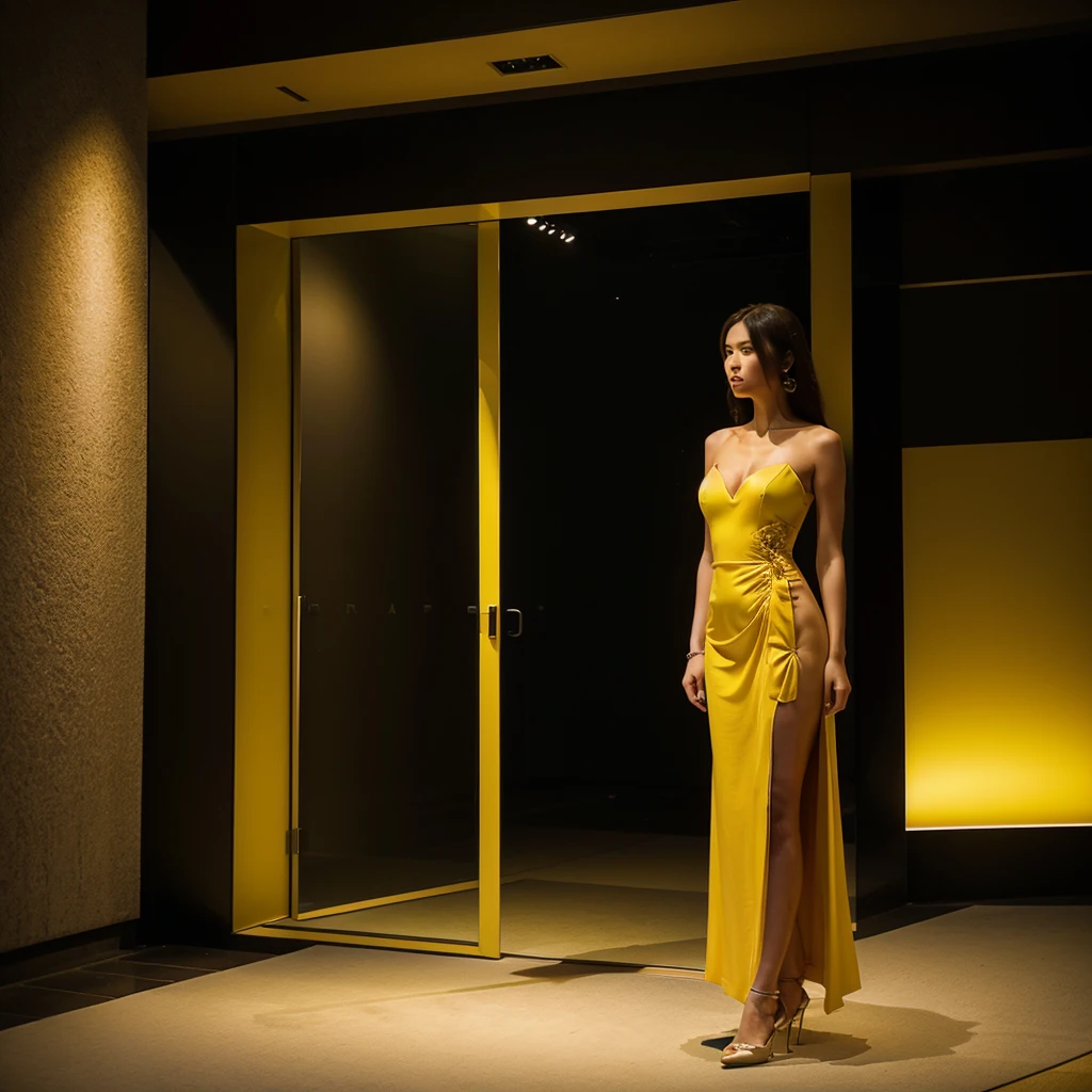 Female supermodel. Yellow evening dress. Standing. Roppongi Art Triangle (ATRO), Suntory Museum of Art.