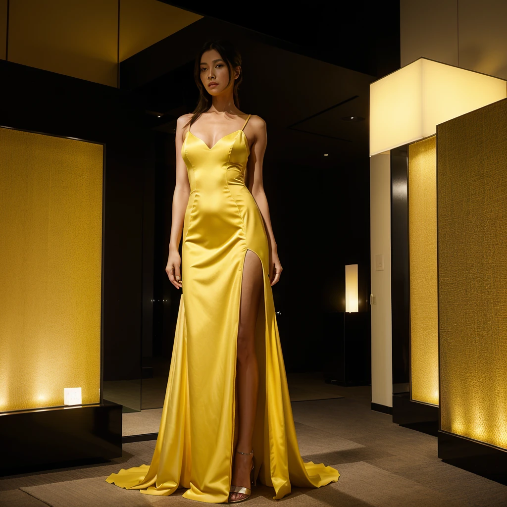 Female supermodel. Yellow evening dress. Standing. Roppongi Art Triangle (ATRO), Suntory Museum of Art.