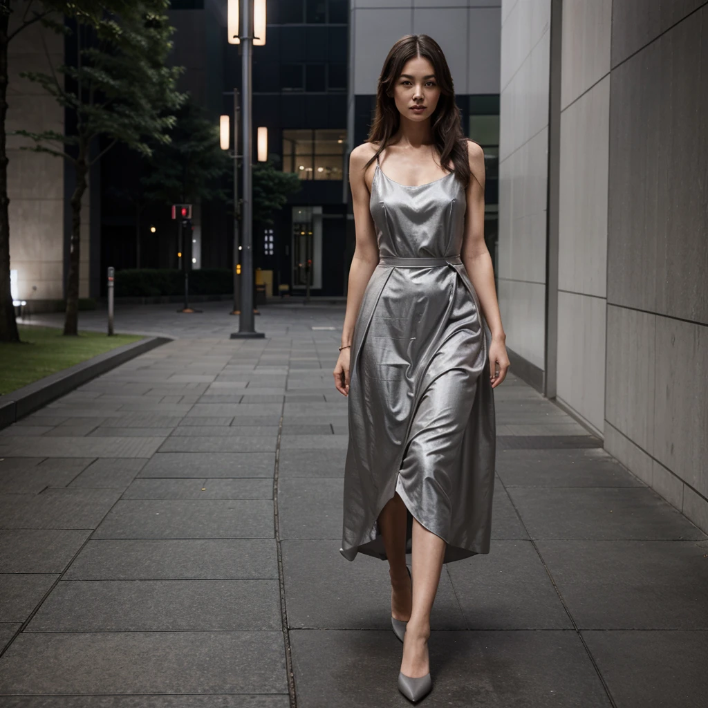 Female supermodel. Grey evening dress. Standing. Roppongi Art Triangle (ATRO), Suntory Museum of Art.