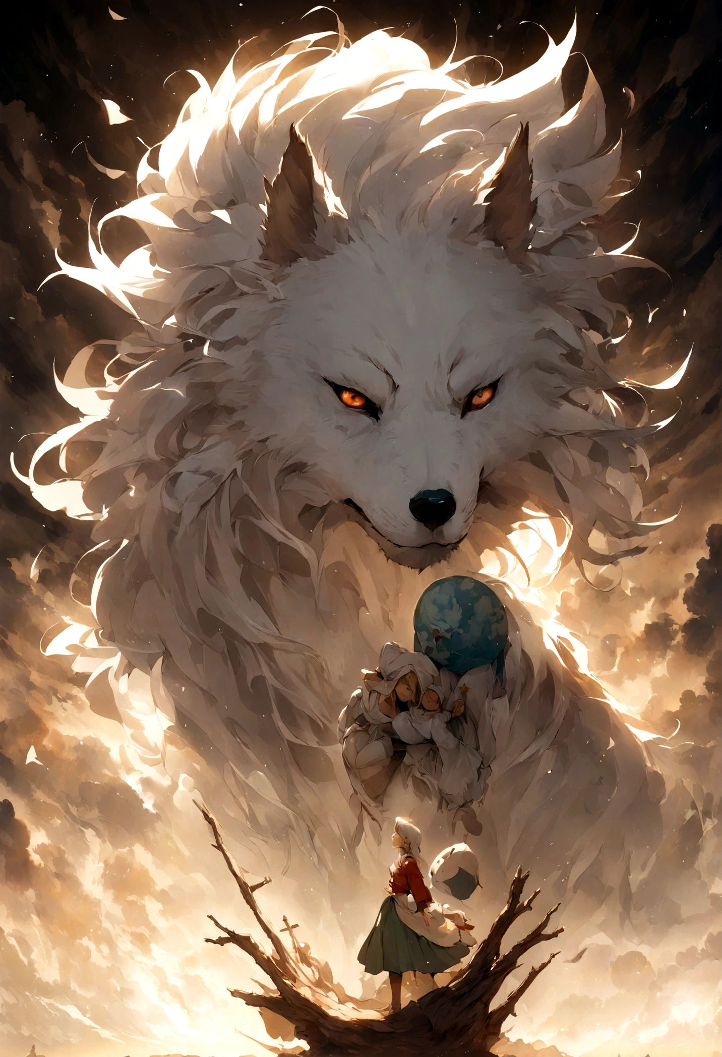 Una momia con cabeza de lobo blanco