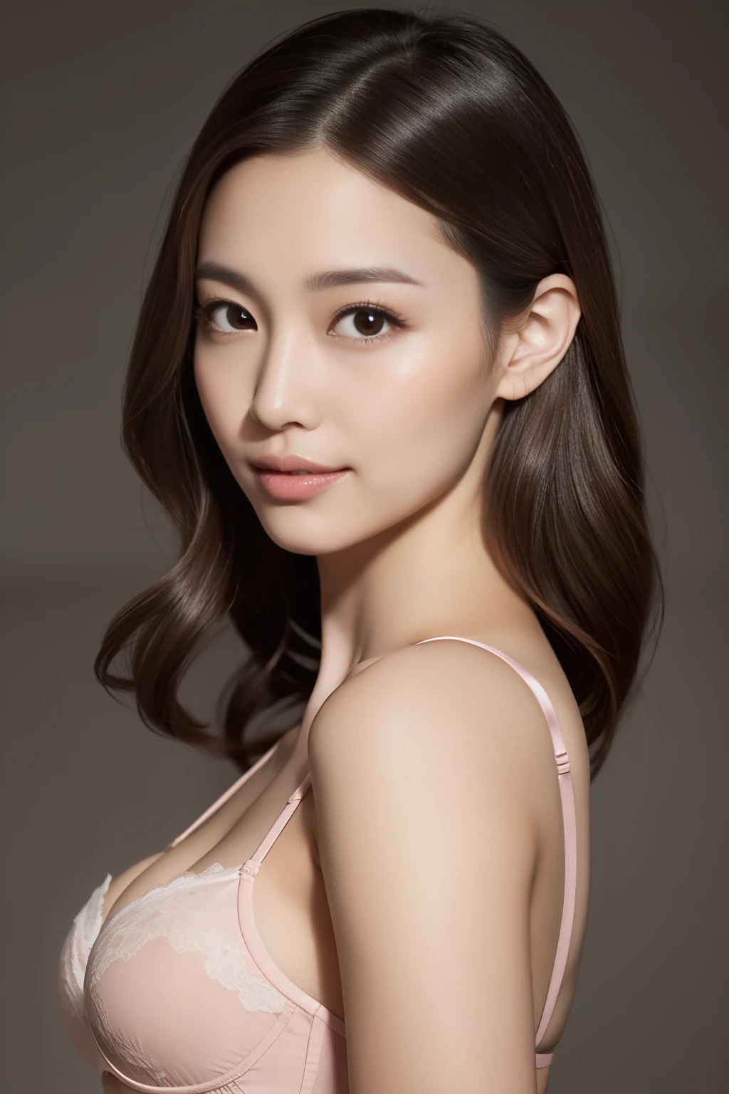 ((( waist to top))) Create a (( mid-shot )) photorealistic image of a beautiful Asian woman with fair, smooth, flawless skin. She has large, round, sparkling eyes with naturally long and curled eyelashes, and well-defined, dark eyebrows. Her nose is straight and high, and her naturally pink, soft lips form a gentle smile. She has short, slightly curled brown hair that highlights her delicate facial features. Her face is oval-shaped, with a wide and high forehead, moderately high cheekbones, and a pointed, slender chin. She is wearing a black bra that complements her elegant and feminine appearance.