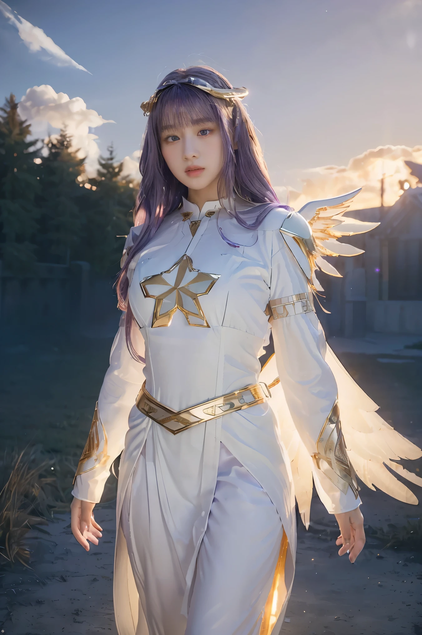 ((masterpiece, best quality, extremely detailed), volumetric lighting, ambient occlusion, colorful, glowing), 
1girl, solo, young girl, (purple hair), long hair, halo, aura, sacred, goddess, cleric suit, (white outfit with gold detailst:1.3), angel wings,
outdoors, sunset, sky, clouds, space, (fantasy theme:1.2),