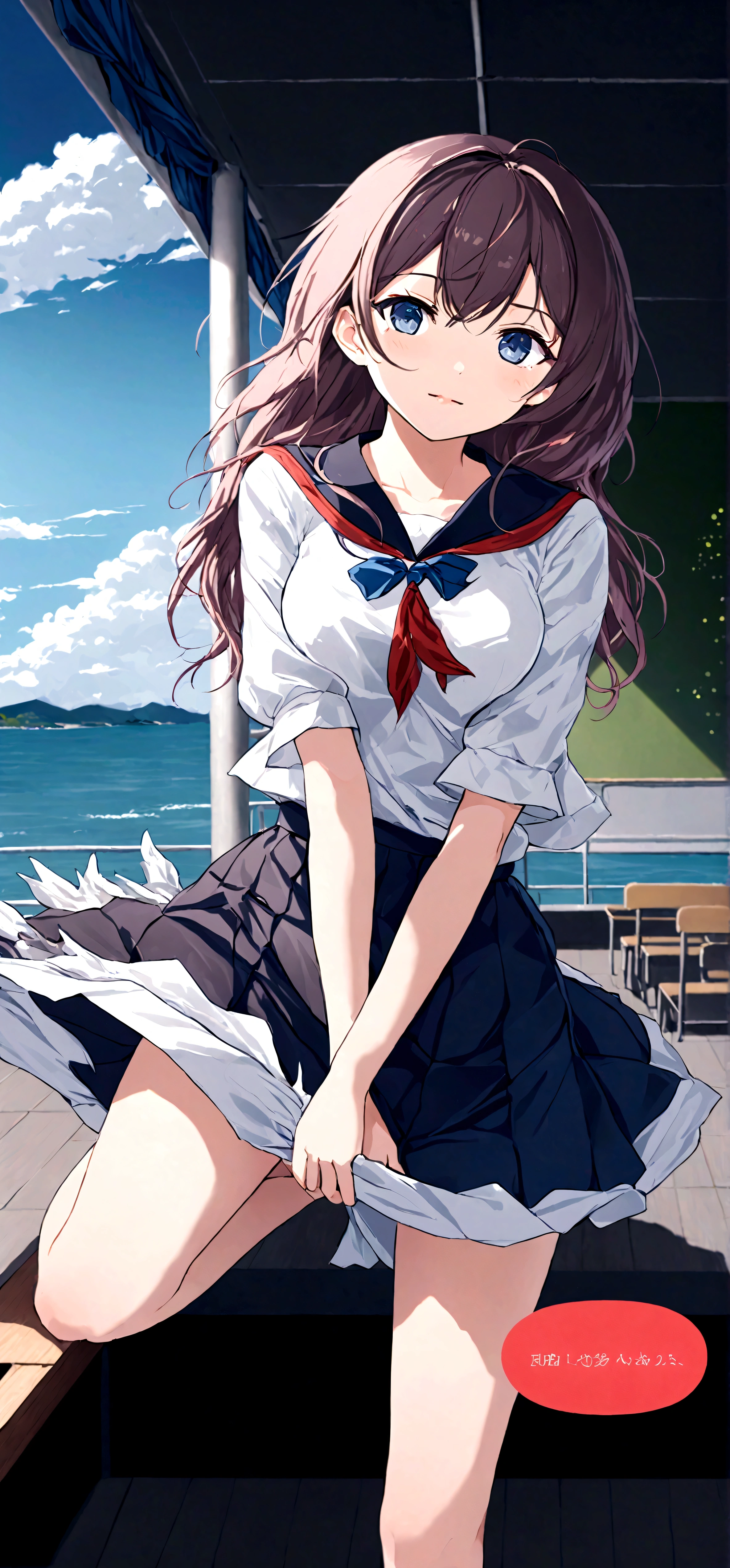 
Navy blue skirt. She is holding her skirt up in the strong wind. Her white cotton panties are visible.
