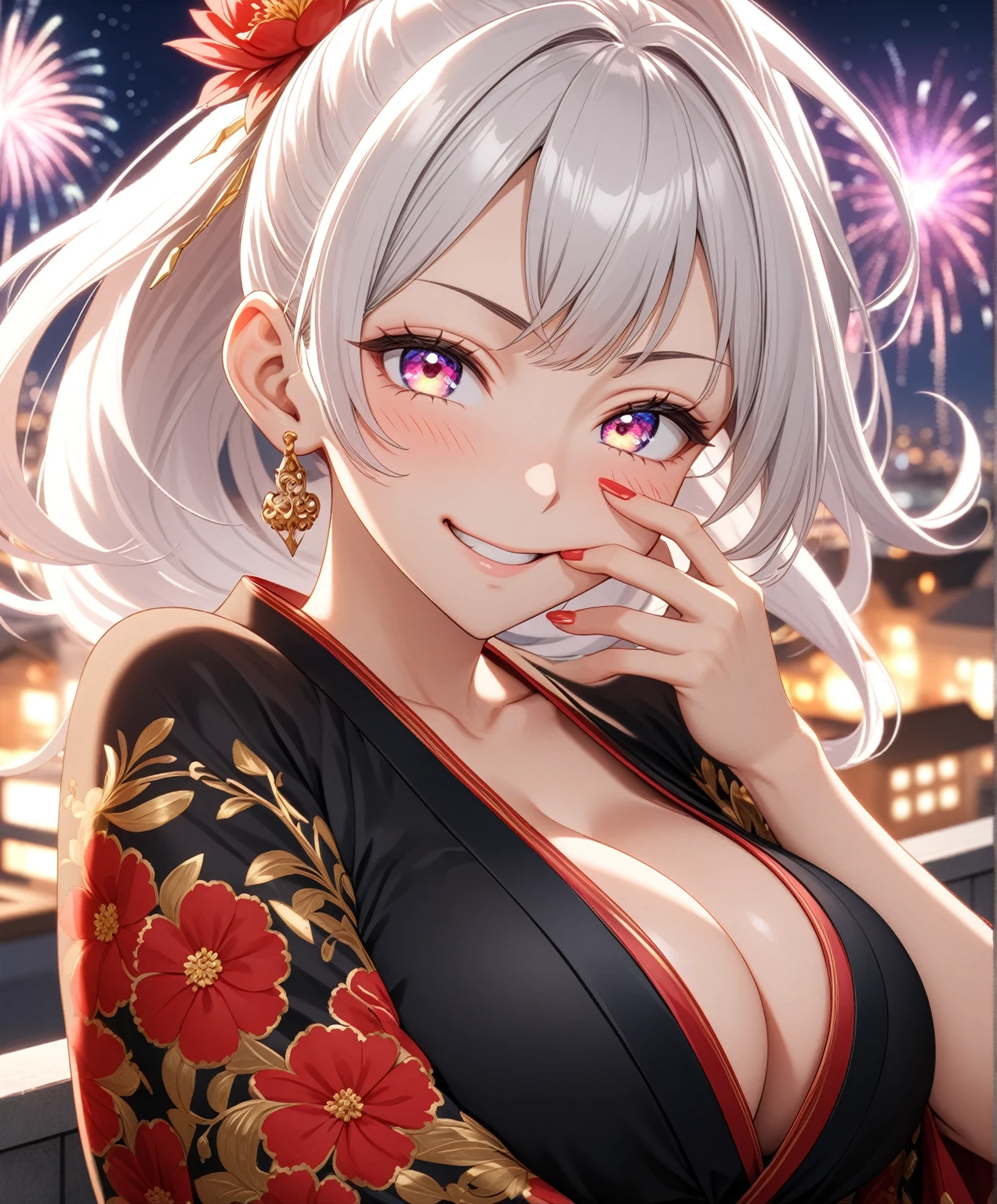 ((one personの女性)), Beautiful Face,Laughing embarrassedly,((Wink:2.0)),Laughing with your mouth open,((Bright red cheeks:1.3)),Glossy pink lips,night,rooftop,firework,((Anime style background)),masterpiece, highest quality, so beautiful, Latest, Complex details, (Pink long nails),(ring),AI-generated, Complex,High resolution, highest quality, super high quality,3D Images、View your viewers、3D Images,one person,Long white hair,High Ponytail,blue eyes,Anime woman posing for a photo, ((Fine grain、Platinum colorful eyes、Shining Eyes:1.4)),(Squint your eyes:1.1),a hyperRealistic , hyperRealistic , Realistic,Anime woman with long and white hair, Smooth anime CG art, A woman in a colorful kimono with gold embroidery, (Black kimono),Red floral pattern,Long flower hair ornament,Big earrings,Mature Body,(Big Breasts:1.1),Tall,Big Ass,Fine details,Narrow waist,Abdominal muscles,(Face close-up:1.5),(Hide your mouth with both hands)