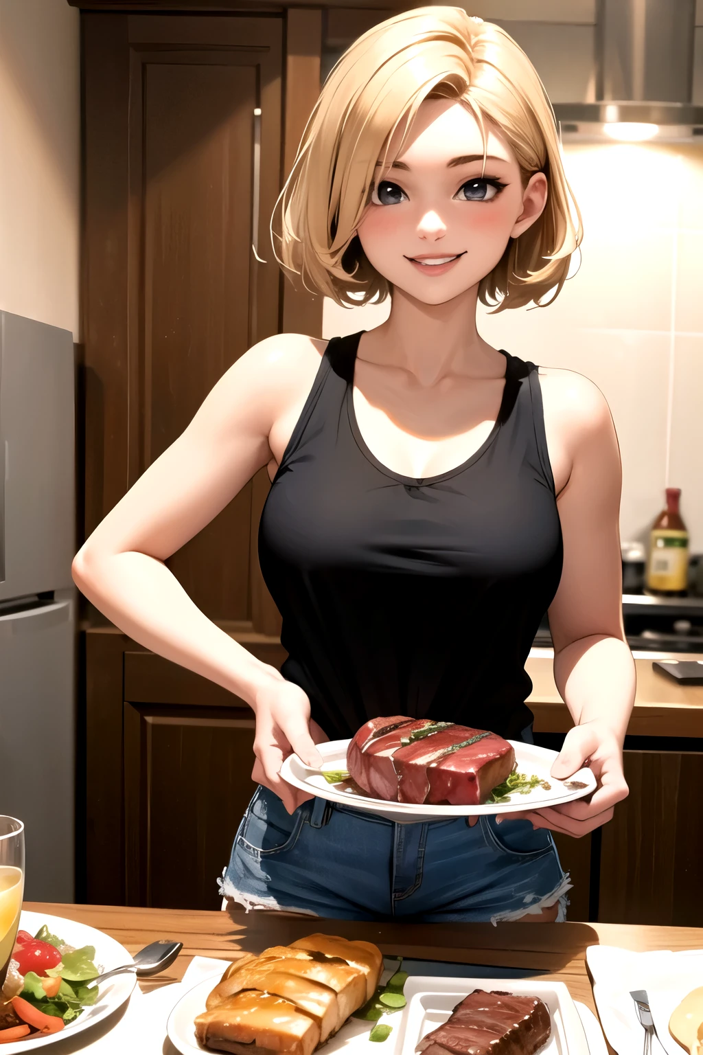 ((highest quality)), ((masterpiece)), (detailed), Eating steak、holding a fork and knife、 Girls、Blonde、Tank top、Shorts、a large amount of meat、smile、