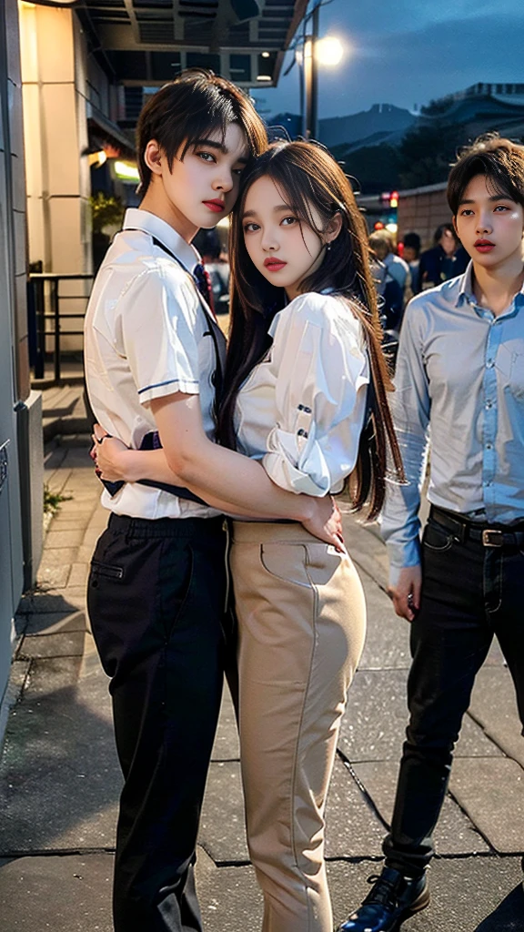 (((NFSW : 1.2))), (((pornography))), (realistic), (intricate details:1.2), (masterpiece、:1.3), (top quality:1.4), (Ultra A high resolution:1.2), Ultra A high resolution, 8K resolution, very detailed expression, dark, (high quality), complete anatomy, natural anatomy, full body photo, 1 Girl is being taken away by 2 men, 18 years old, (call girl:1.5), (high school student : 1.5), (Korean:1.7), (beautiful : 1.4), (Shiny blonde banging), (big earrings), light makeup, long legs, (She wore flesh colored realistic pantyhose and flat shoes : 1.3), (a girl wore slim high_school uniform_pencil mini skirt and blouse : 1.6),(2 men wore high school uniform_shirts and pants:1.5), (they are wearing a slim blazer), glowing skin, The boys who love her stand on both sides of her and take her away..),(She is being sexually harassed by boys : 1.5), (a boy grabbed her thighs.), (a boy kissed her) , (night : 1.5), dark, neon sign, (the bad boy's hideout : 1.4), (detailed background:1.2),(She has enjoy sexual play with several men of Korean high school students : 1.4), (One pair of shoes are always symmetrical:1.5), they are bad_behaved agers,