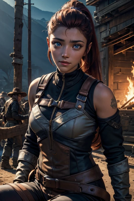 iliaamitola, ilia amitola, smiling, long hair, blue eyes, brown hair, ponytail, dark skin, dark-skinned female, BREAK bare shoulders, bodysuit, BREAK sitting, outside ancient castle, iron gates, huge wall, bonfires, river, crowd, (crowd in military dress), post-apocalypse, dystopian future, crowd, (crowd in military uniforms), (volumetric lighting), best quality, masterpiece, intricate details, tonemapping, sharp focus, hyper detailed, BREAK looking at viewer, (cowboy shot:1.5), BREAK (masterpiece:1.2), best quality, high resolution, unity 8k wallpaper, (illustration:0.8), (beautiful detailed eyes:1.6), extremely detailed face, perfect lighting, extremely detailed CG, (perfect hands, perfect anatomy),