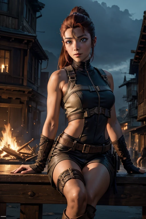 
iliaamitola, ilia amitola, smiling, long hair, blue eyes, brown hair, ponytail, dark skin, dark-skinned female, BREAK bare shoulders, bodysuit, BREAK sitting, outside ancient castle, iron gates, huge wall, bonfires, river, crowd, (crowd in military dress), post-apocalypse, dystopian future, crowd, (crowd in military uniforms), (volumetric lighting), best quality, masterpiece, intricate details, tonemapping, sharp focus, hyper detailed, BREAK looking at viewer, (cowboy shot:1.5), BREAK (masterpiece:1.2), best quality, high resolution, unity 8k wallpaper, (illustration:0.8), (beautiful detailed eyes:1.6), extremely detailed face, perfect lighting, extremely detailed CG, (perfect hands, perfect anatomy), 
