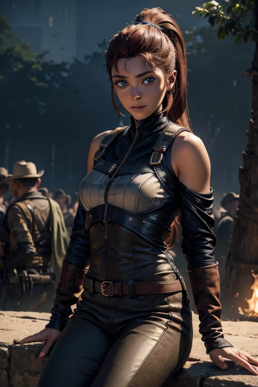 
iliaamitola, ilia amitola, smiling, long hair, blue eyes, brown hair, ponytail, dark skin, dark-skinned female, BREAK bare shoulders, bodysuit, BREAK sitting, outside ancient castle, iron gates, huge wall, bonfires, river, crowd, (crowd in military dress), post-apocalypse, dystopian future, crowd, (crowd in military uniforms), (volumetric lighting), best quality, masterpiece, intricate details, tonemapping, sharp focus, hyper detailed, BREAK looking at viewer, (cowboy shot:1.5), BREAK (masterpiece:1.2), best quality, high resolution, unity 8k wallpaper, (illustration:0.8), (beautiful detailed eyes:1.6), extremely detailed face, perfect lighting, extremely detailed CG, (perfect hands, perfect anatomy), 
