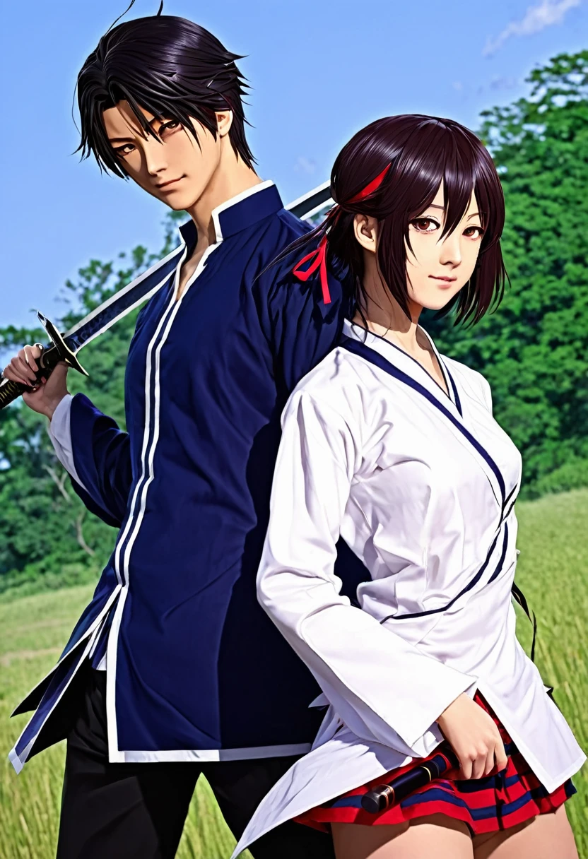 Anime couple with sword and clothes in the wind, Yandere, by Kanamoto Village, Yandere. Takao, Gapmoe Yandere, Zerochan Art, Shingei, Zerochan, high quality fanwork inspired by Masanobu Okumura, anime style, Japanese anime style, they are siblings, anime styles such as Fate/Stay Night, Shota,