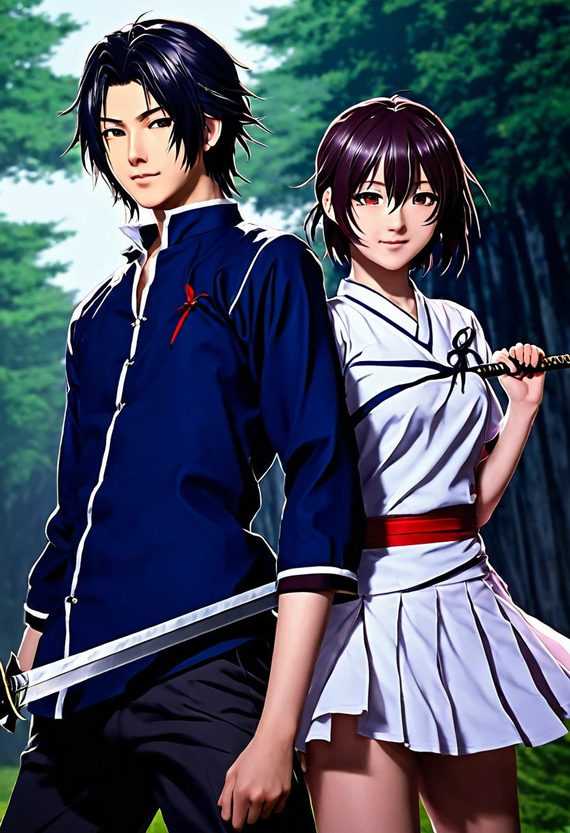 Anime couple with sword and clothes in the wind, Yandere, by Kanamoto Village, Yandere. Takao, Gapmoe Yandere, Zerochan Art, Shingei, Zerochan, high quality fanwork inspired by Masanobu Okumura, anime style, Japanese anime style, they are siblings, anime styles such as Fate/Stay Night, Shota,