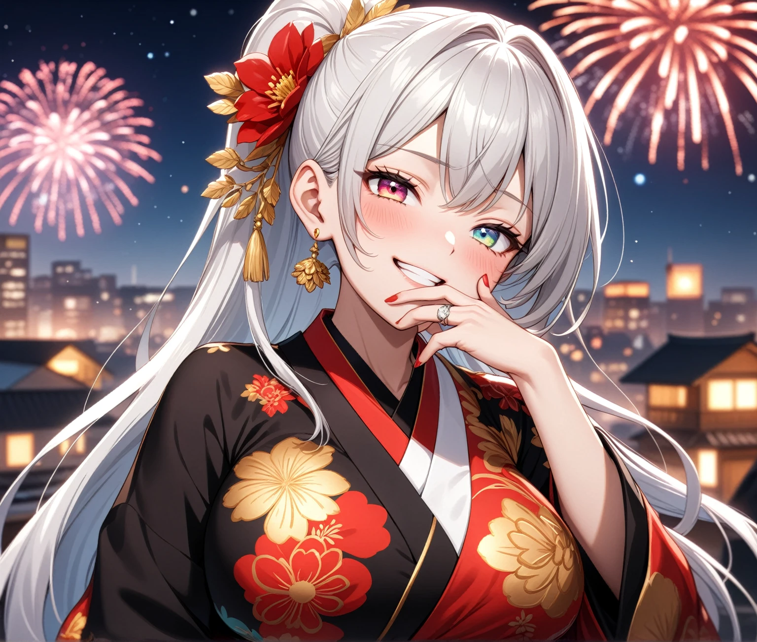 ((one personの女性)), Beautiful Face,Laughing embarrassedly,((Wink:2.0)),Laughing with your mouth open,((Bright red cheeks:1.3)),Glossy pink lips,night,rooftop,firework,((Anime style background)),masterpiece, highest quality, so beautiful, Latest, Complex details, (Pink long nails),(ring),AI-generated, Complex,High resolution, highest quality, super high quality,3D Images、View your viewers、3D Images,one person,Long white hair,High Ponytail,blue eyes,Anime woman posing for a photo, ((Fine grain、Platinum colorful eyes、Shining Eyes:1.4)),(Squint your eyes:1.1),a hyperRealistic , hyperRealistic , Realistic,Anime woman with long and white hair, Smooth anime CG art, A woman in a colorful kimono with gold embroidery, (Black kimono),Red floral pattern,Long flower hair ornament,Big earrings,Mature Body,(Big Breasts:1.1),Tall,Big Ass,Fine details,Narrow waist,Abdominal muscles,(Face close-up:1.5),(Hide your mouth with both hands)