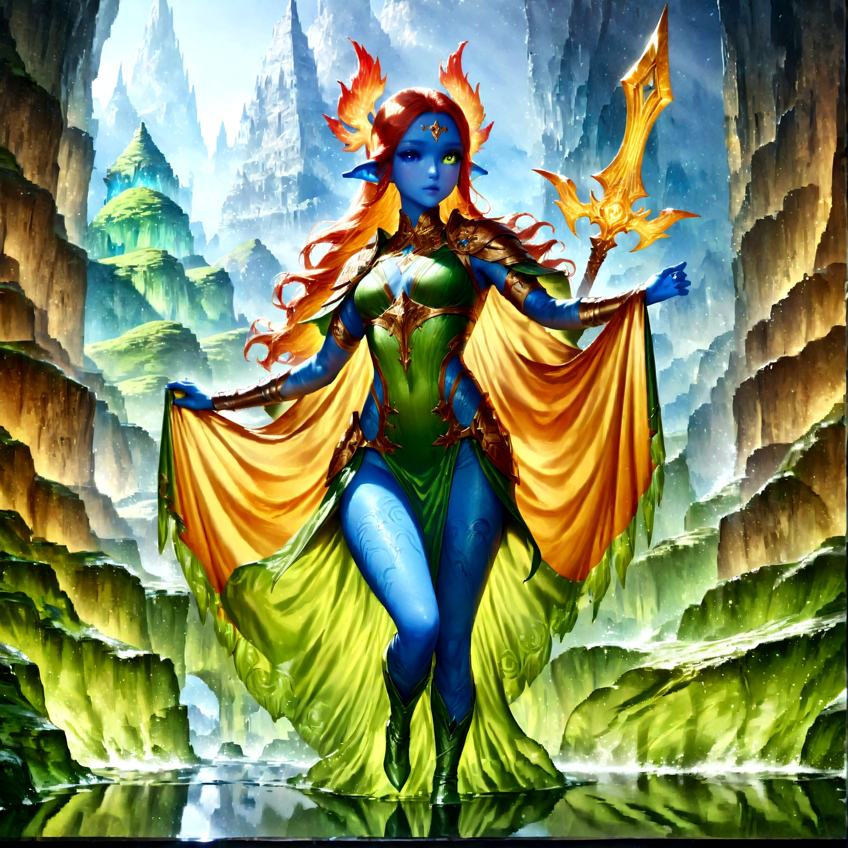 fantasy art, dnd art, RPG art, wide shot, (masterpiece: 1.4) a (portrait: 1.3) intense details, highly detailed, photorealistic, best quality, highres, portrait a female (fantasy art, Masterpiece, best quality: 1.3) ((blue skin: 1.5)), intense details facial details, exquisite beauty, (fantasy art, Masterpiece, best quality) cleric, (blue: 1.3) skinned female, white hair, long hair, ((no ears: 1.5), (green: 1.3) eye, fantasy art, Masterpiece, best quality) armed a fiery sword red fire, wearing heavy (white: 1.3) wearing heavy armor, wearing high heeled laced boots, wearing an(orange :1.3) cloak, wearing glowing holy symbol GlowingRunes_yellow, within fantasy temple background, reflection light, high details, best quality, 16k, [ultra detailed], masterpiece, best quality, (extremely detailed), close up, ultra wide shot, photorealistic, RAW, fantasy art, dnd art, fantasy art, realistic art,((best quality)), ((masterpiece)), (detailed), perfect face, colouredglazecd_xl