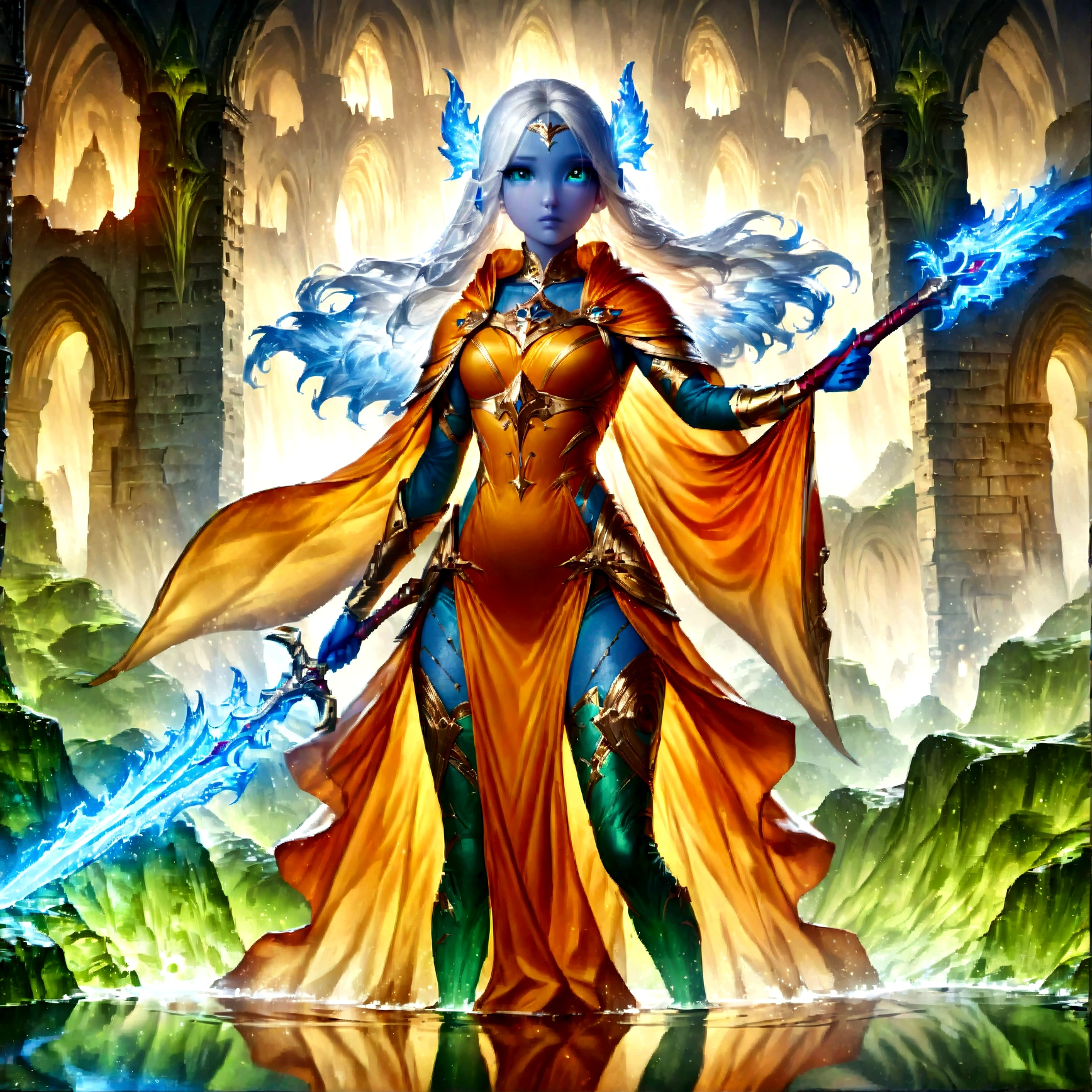 fantasy art, dnd art, RPG art, wide shot, (masterpiece: 1.4) a (portrait: 1.3) intense details, highly detailed, photorealistic, best quality, highres, portrait a female (fantasy art, Masterpiece, best quality: 1.3) ((blue skin: 1.5)), intense details facial details, exquisite beauty, (fantasy art, Masterpiece, best quality) cleric, (blue: 1.3) skinned female, white hair, long hair, ((no ears: 1.5), (green: 1.3) eye, fantasy art, Masterpiece, best quality) armed a fiery sword red fire, wearing heavy (white: 1.3) wearing heavy armor, wearing high heeled laced boots, wearing an(orange :1.3) cloak, wearing glowing holy symbol GlowingRunes_yellow, within fantasy temple background, reflection light, high details, best quality, 16k, [ultra detailed], masterpiece, best quality, (extremely detailed), close up, ultra wide shot, photorealistic, RAW, fantasy art, dnd art, fantasy art, realistic art,((best quality)), ((masterpiece)), (detailed), perfect face, colouredglazecd_xl