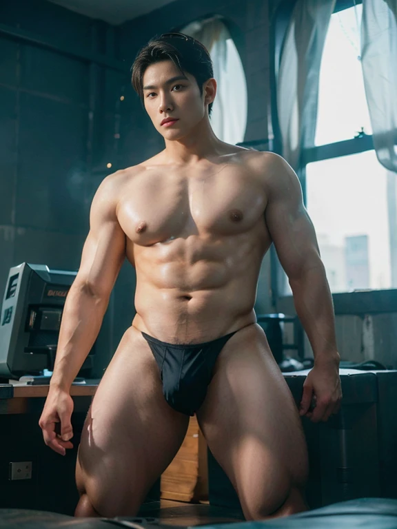 HOMEM COREANO, SEM CAMISA, rosto bonito, PEITO MUSCULAR, volume na cueca, bulge,  grande, futuristic, robot body, lean body, husky, slim, big nice bulge, wearing micro string thong , thighs , earth tone photo , ultra reality  , ultra photorealism , unrealistic wide hips , unrealistic wide pelvis